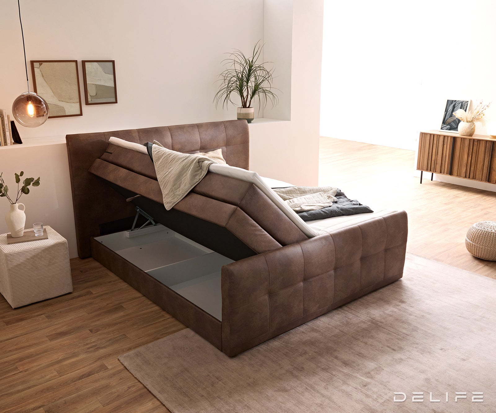 Box spring krevet Amarillo sa spremnikom za odlaganje i nadmadracem, Materijal: Mikrofibra