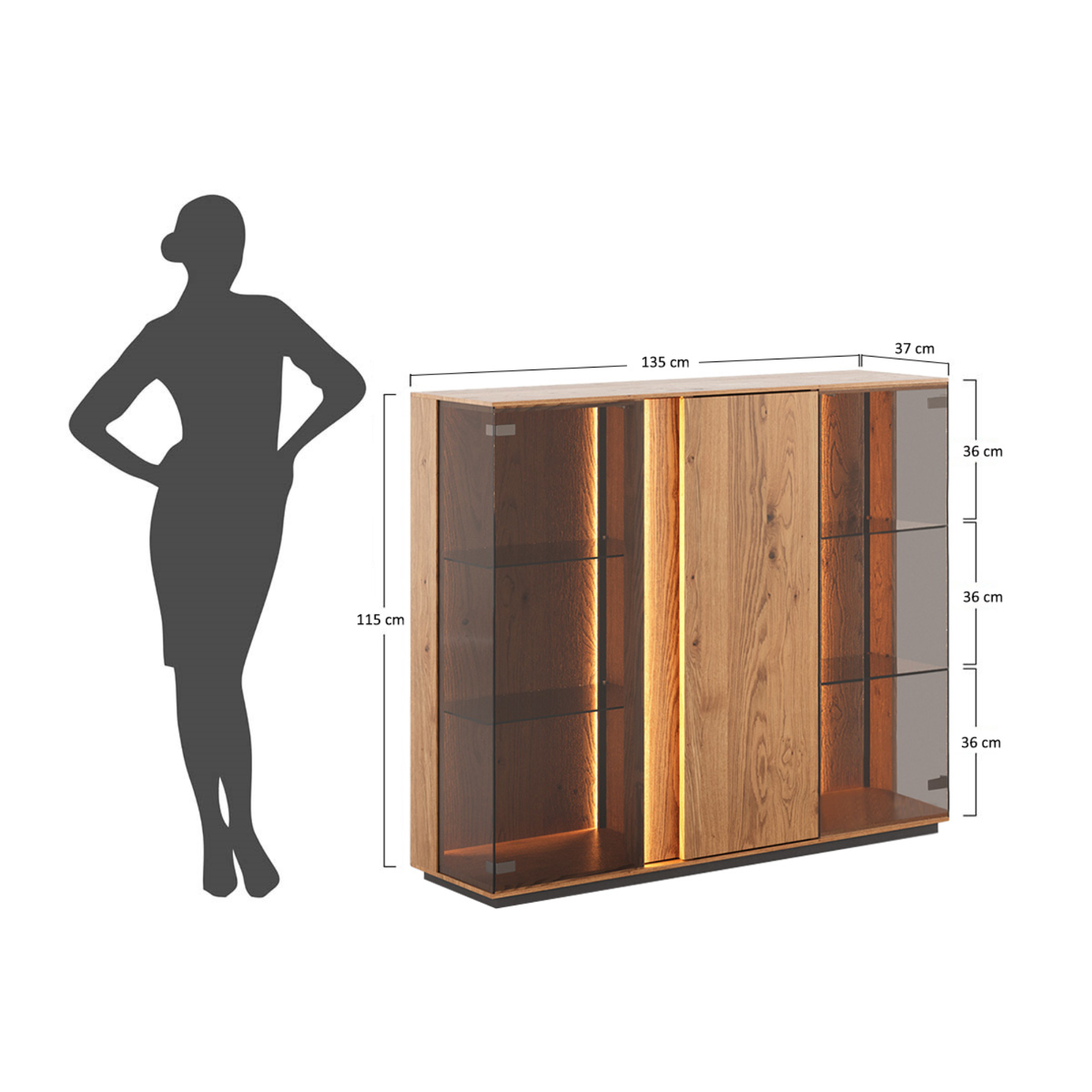 Staklena Vitrina Collodi 135x115cm, Materijal: Masivno Drvo Hrast