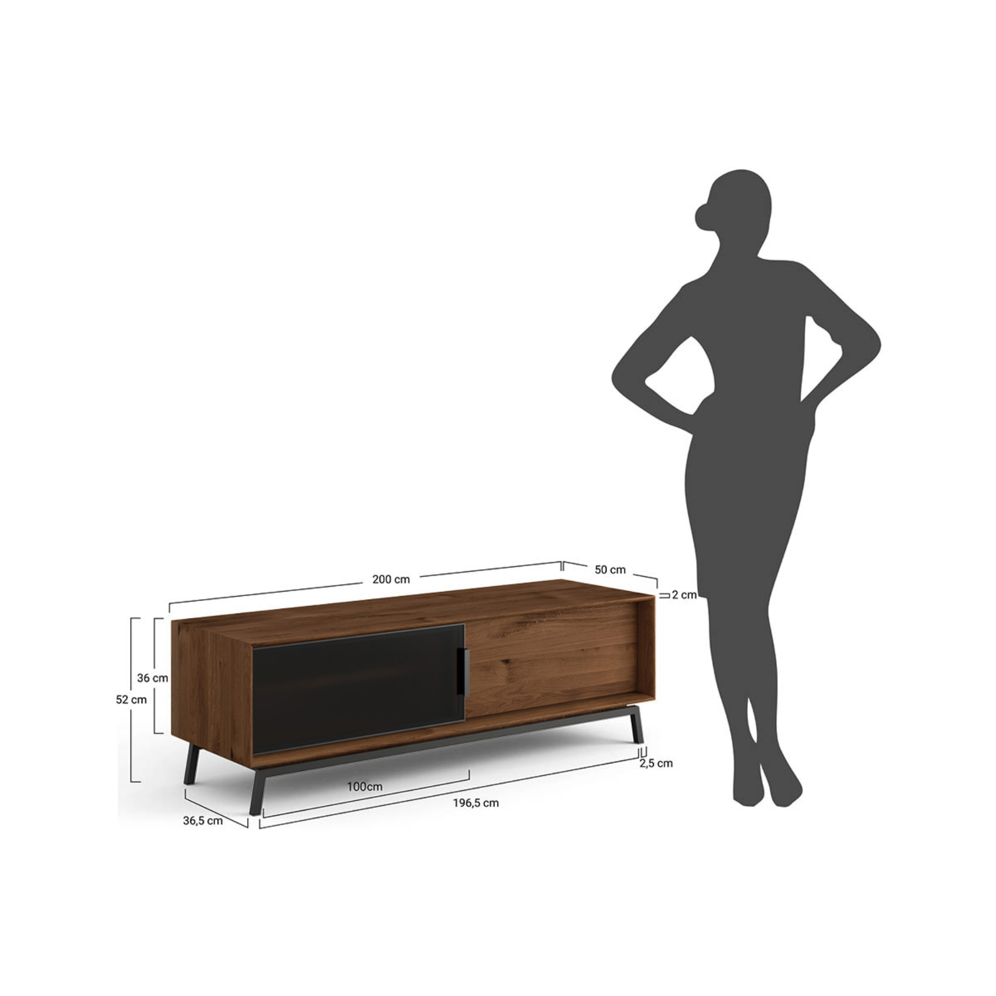 TV Komoda Modern Loft 200x50cm Sa Staklom, Materijal: Masivno Drvo Hrast