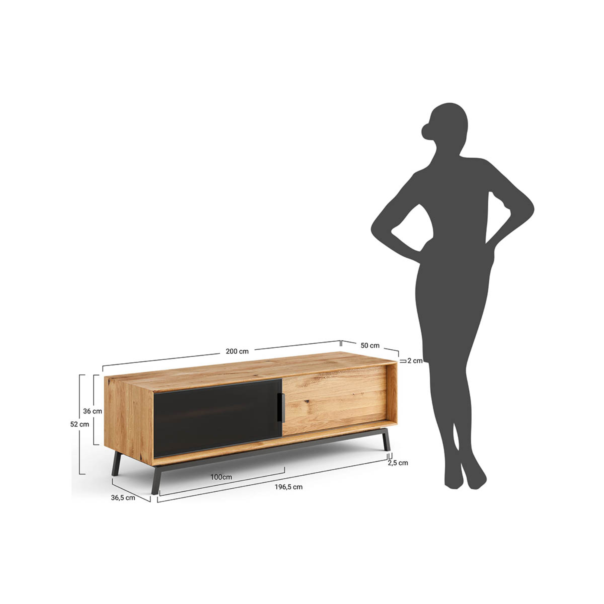 TV Komoda Modern Loft 200x50cm Sa Staklom, Materijal: Masivno Drvo Hrast
