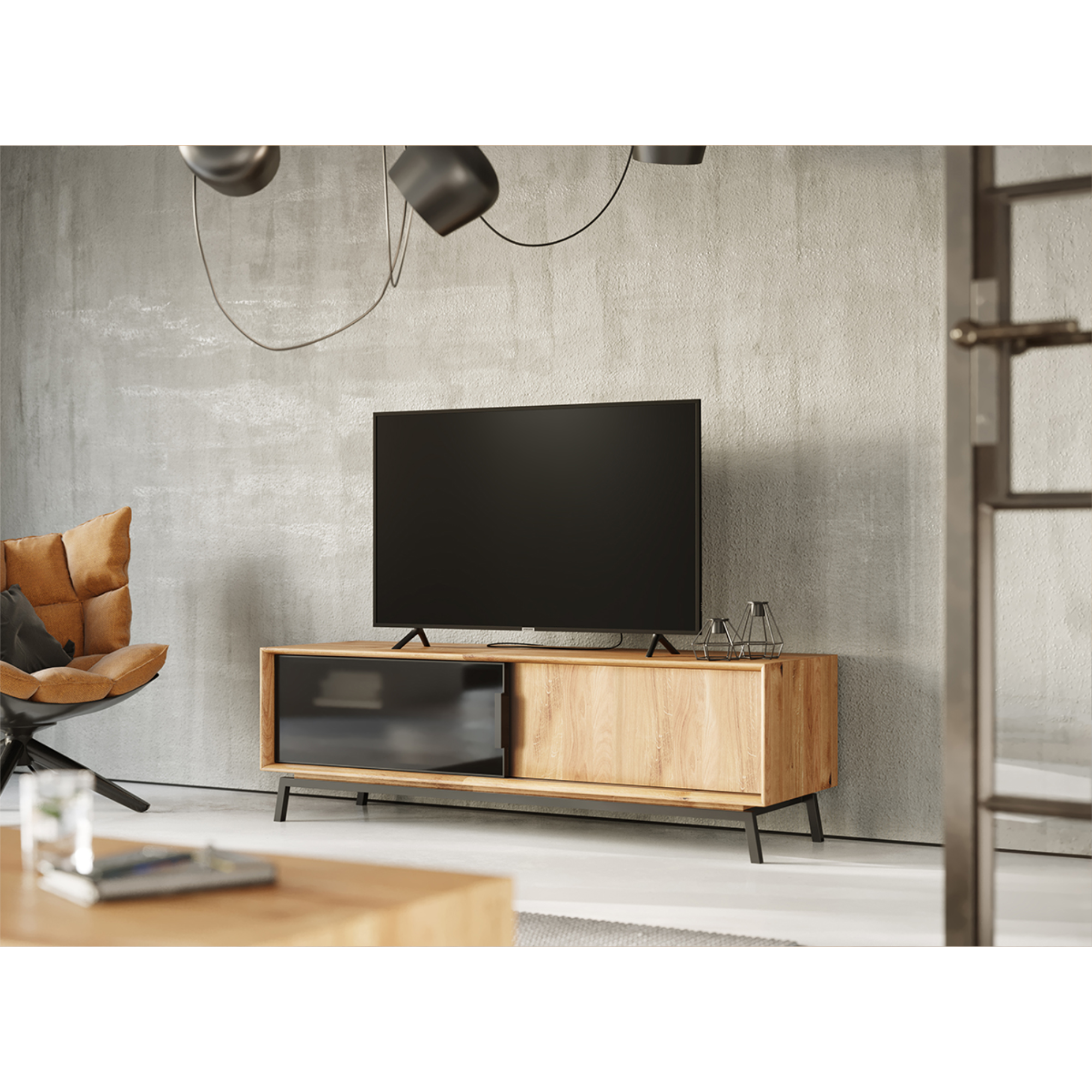 TV Komoda Modern Loft 200x50cm Sa Staklom, Materijal: Masivno Drvo Hrast