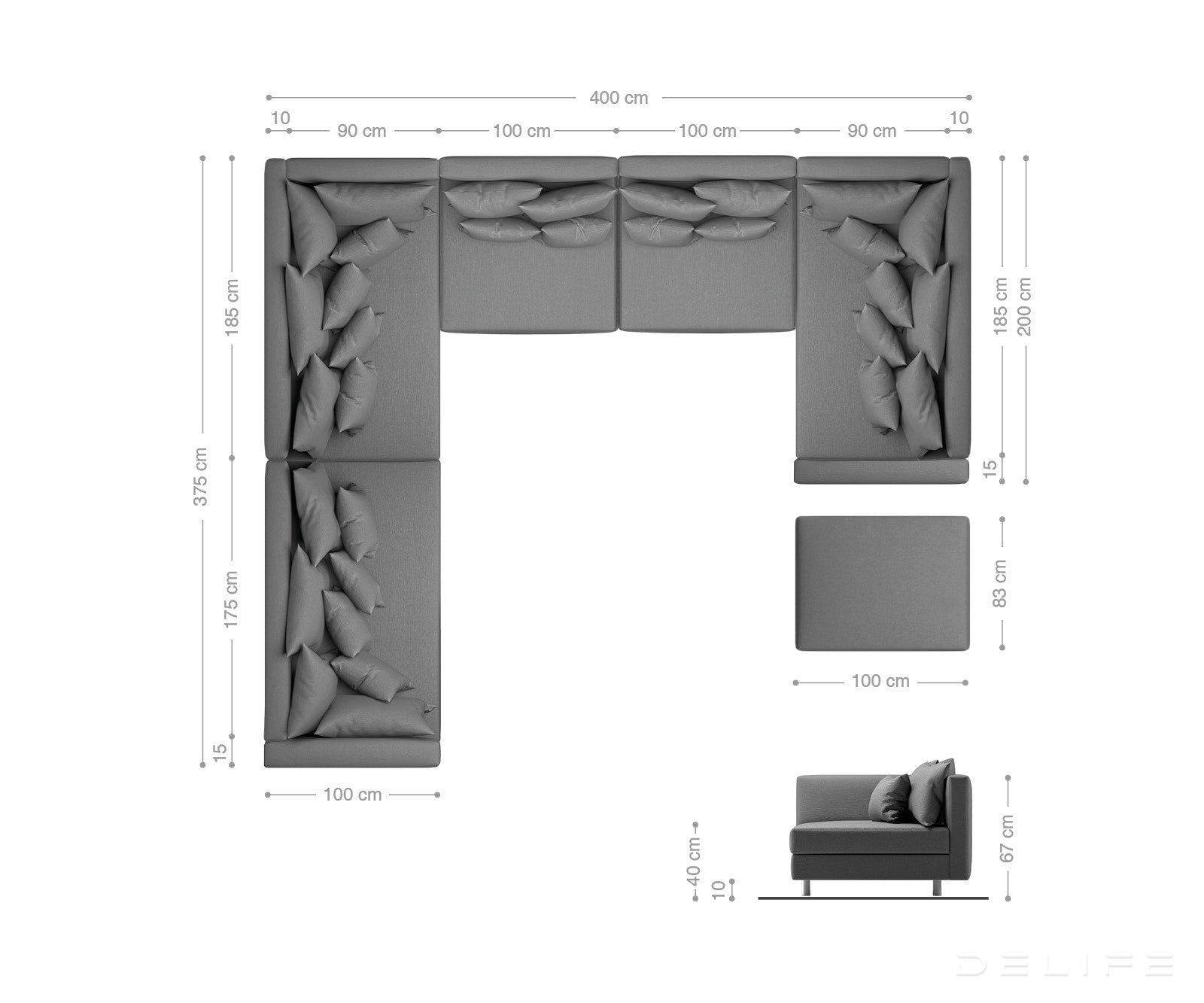 Kutna garnitura XXL Clovis 400x375cm, Materijal: Strukturirana tkanina/Umjetna koža