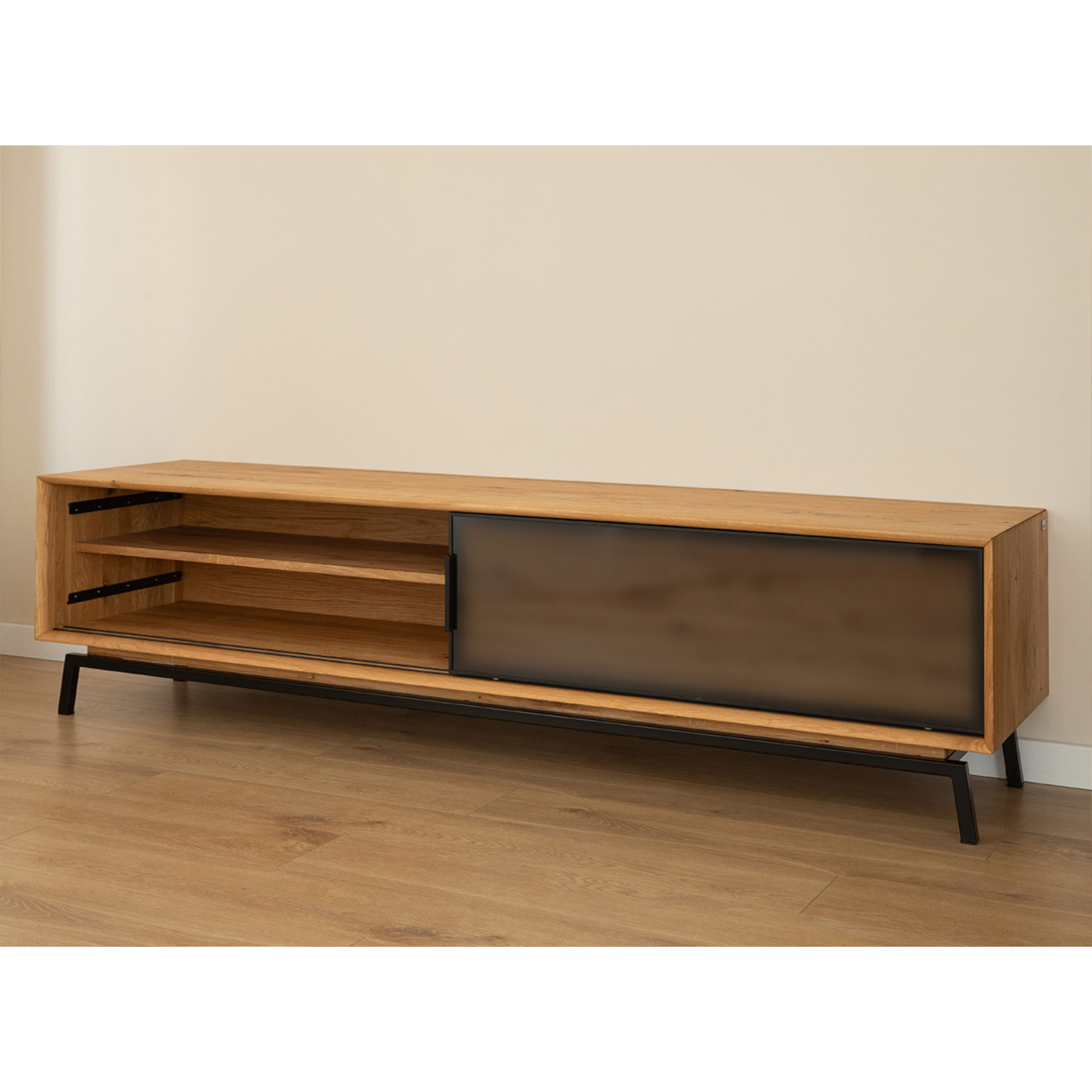 TV Komoda Modern Loft 200x50cm Sa Staklom, Materijal: Masivno Drvo Hrast