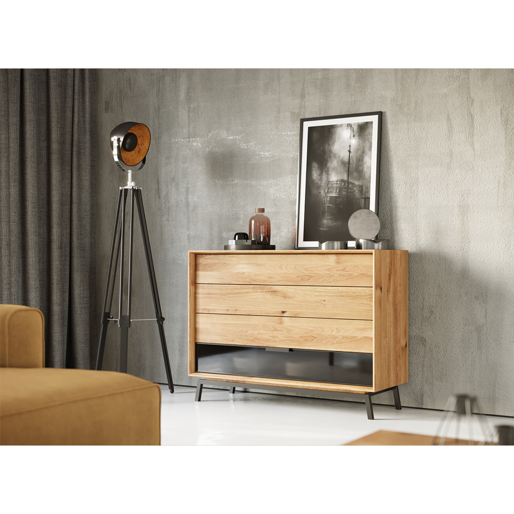 Komoda Modern Loft 120,50x45cm Sa Staklom, Materijal: Masivno  Drvo Hrast