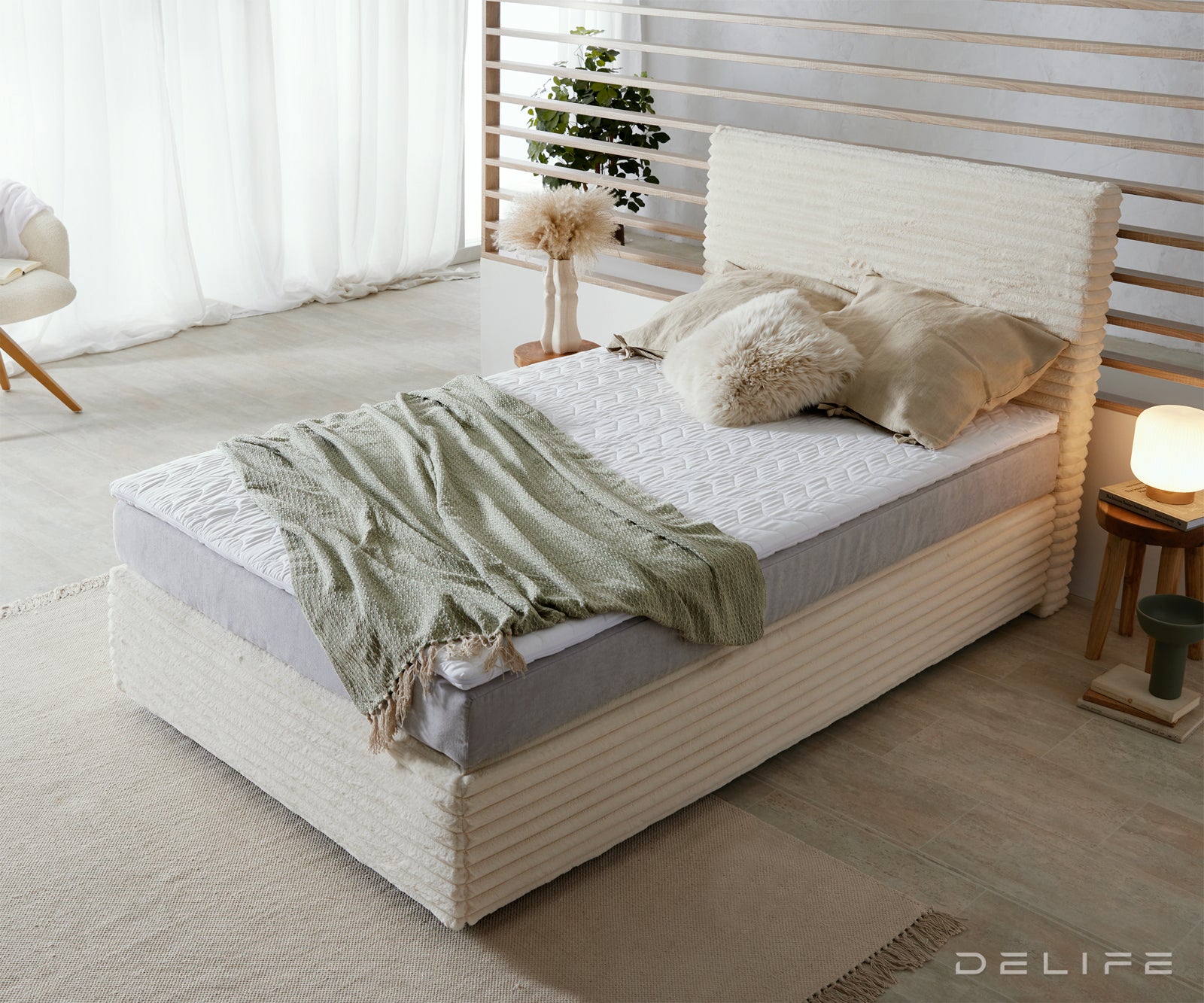 Box spring krevet Dream Well s madracem i nadmadracem, materijal: Pliš rebrasta tkanina