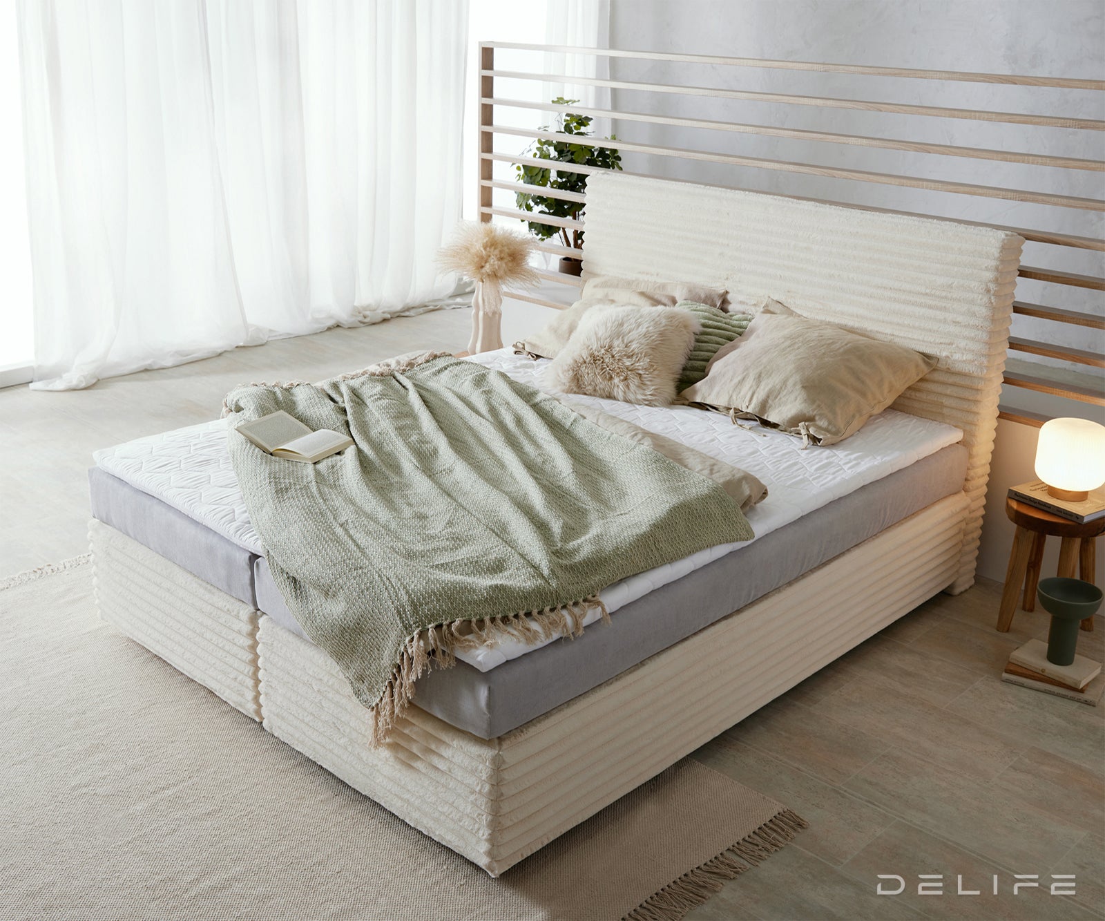 Box spring krevet Dream Well s madracem i nadmadracem, materijal: Pliš rebrasta tkanina