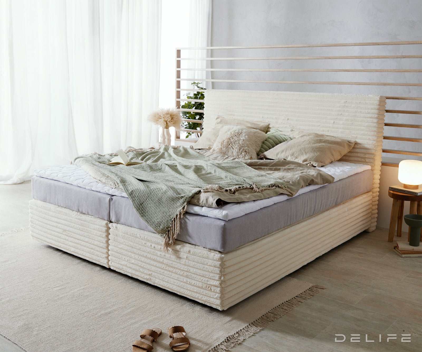 Box spring krevet Dream Well s madracem i nadmadracem, materijal: Pliš rebrasta tkanina