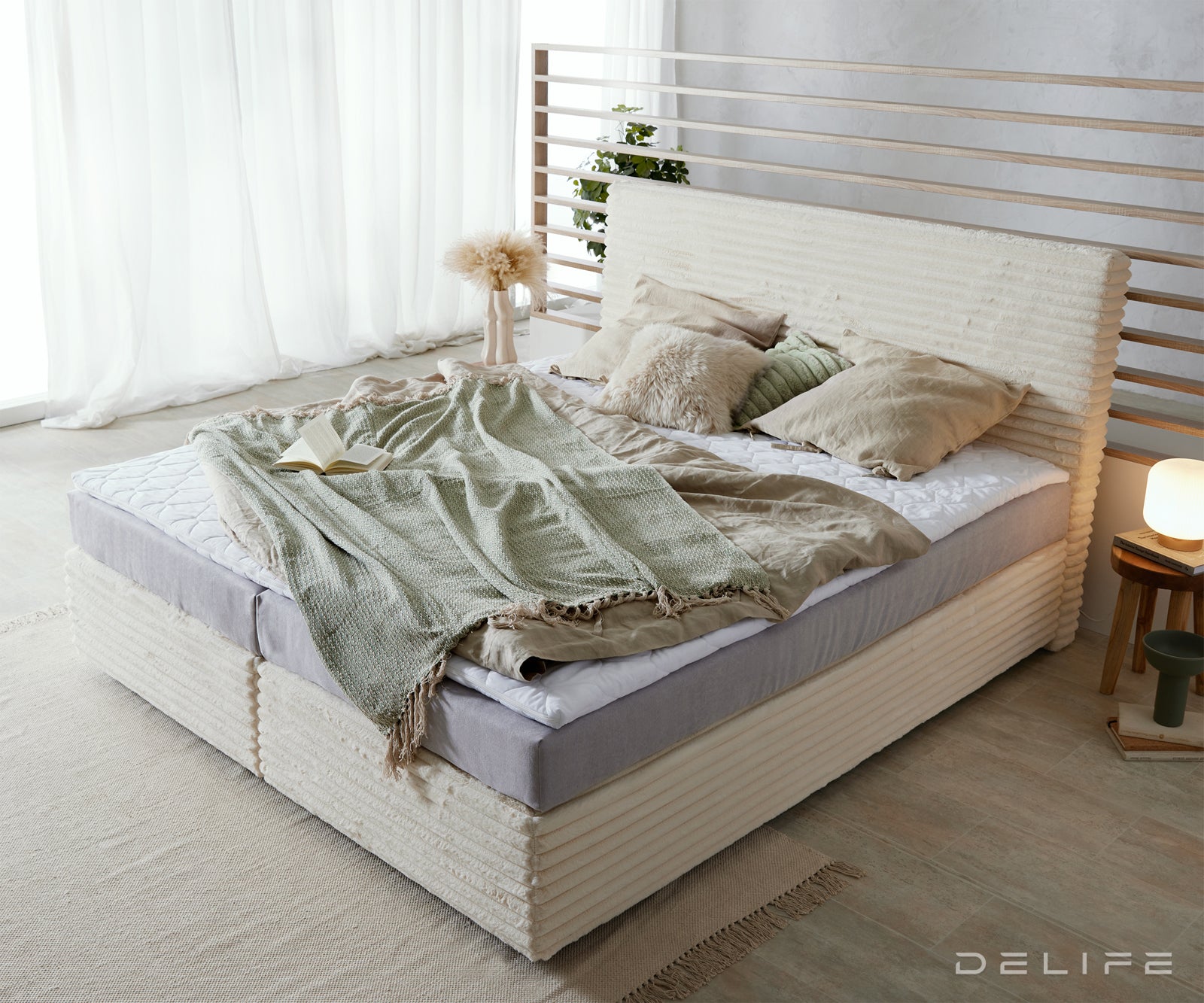 Box spring krevet Dream Well s madracem i nadmadracem, materijal: Pliš rebrasta tkanina