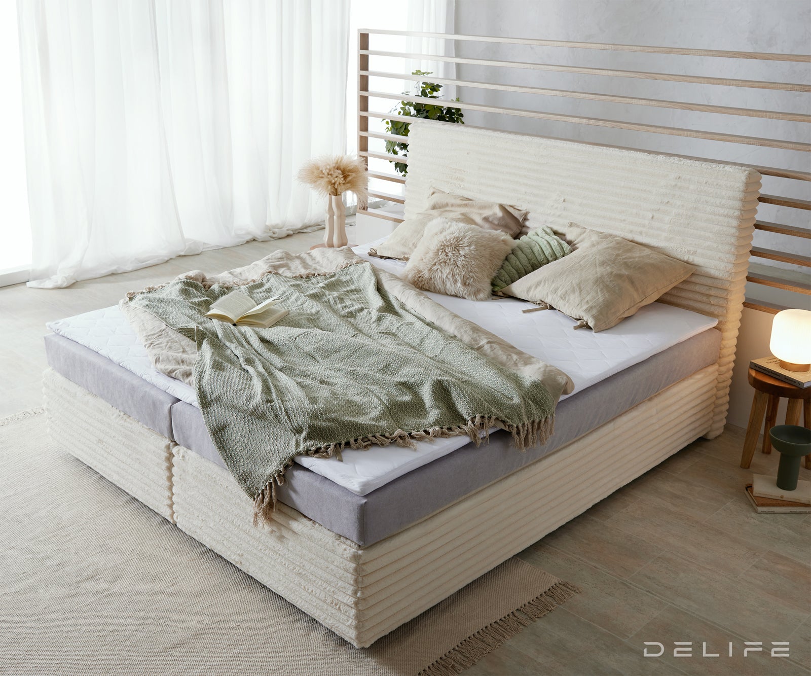 Box spring krevet Dream Well s madracem i nadmadracem, materijal: Pliš rebrasta tkanina