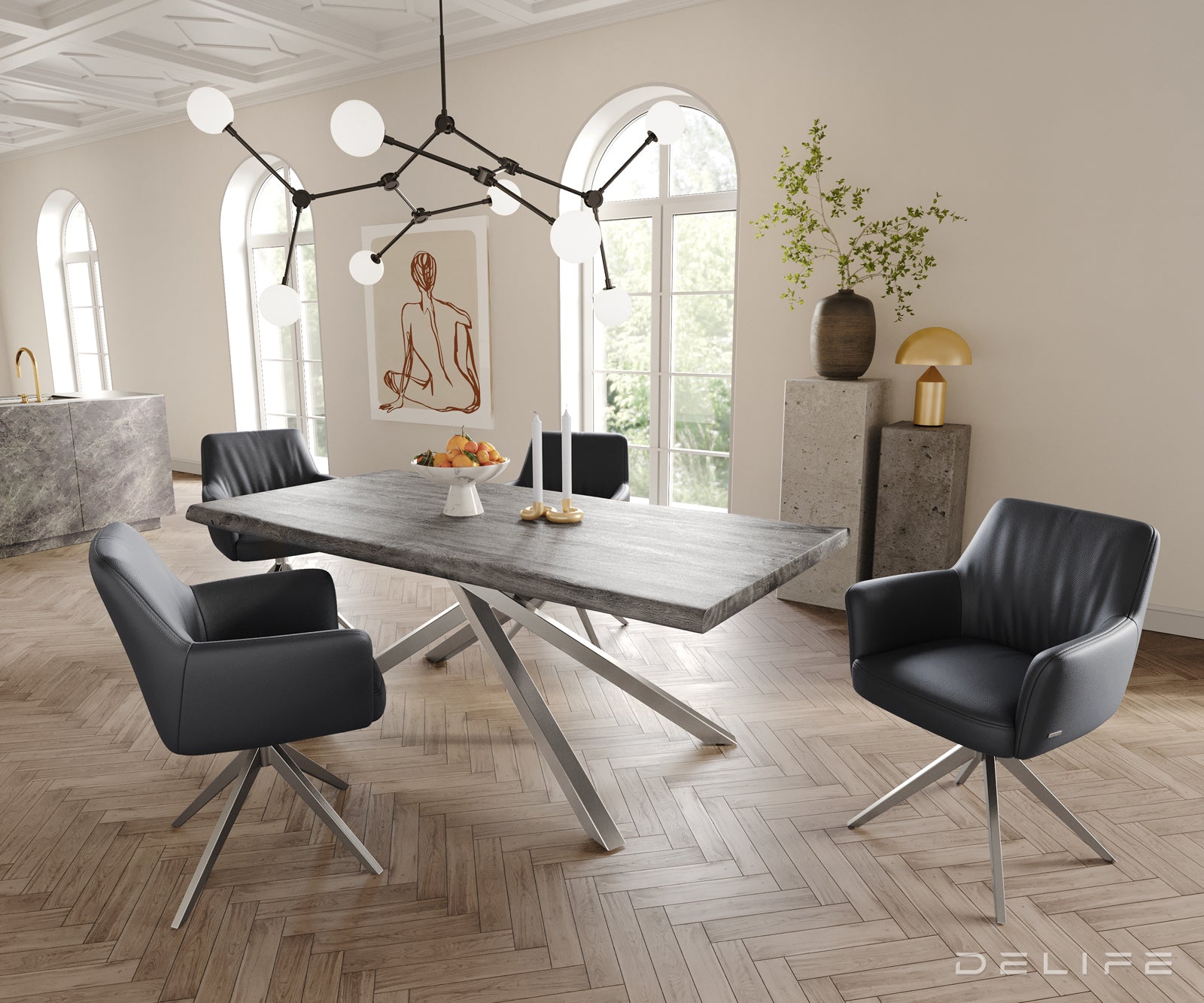 Blagovaonska stolica s rukonaslonom Xana, Materijal: koža