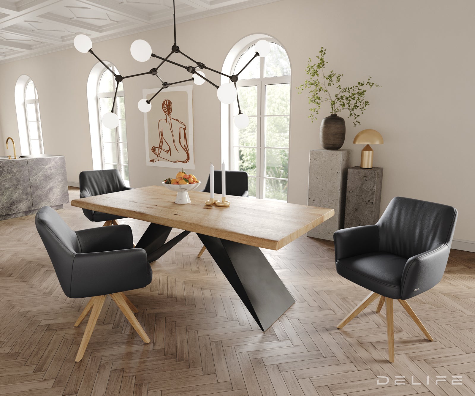 Blagovaonska stolica s rukonaslonom Xana, Materijal: koža