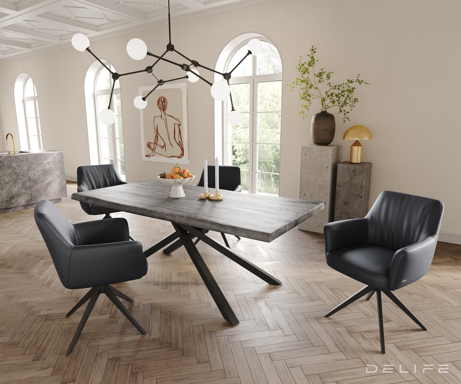 Blagovaonska stolica s rukonaslonom Xana, Materijal: koža