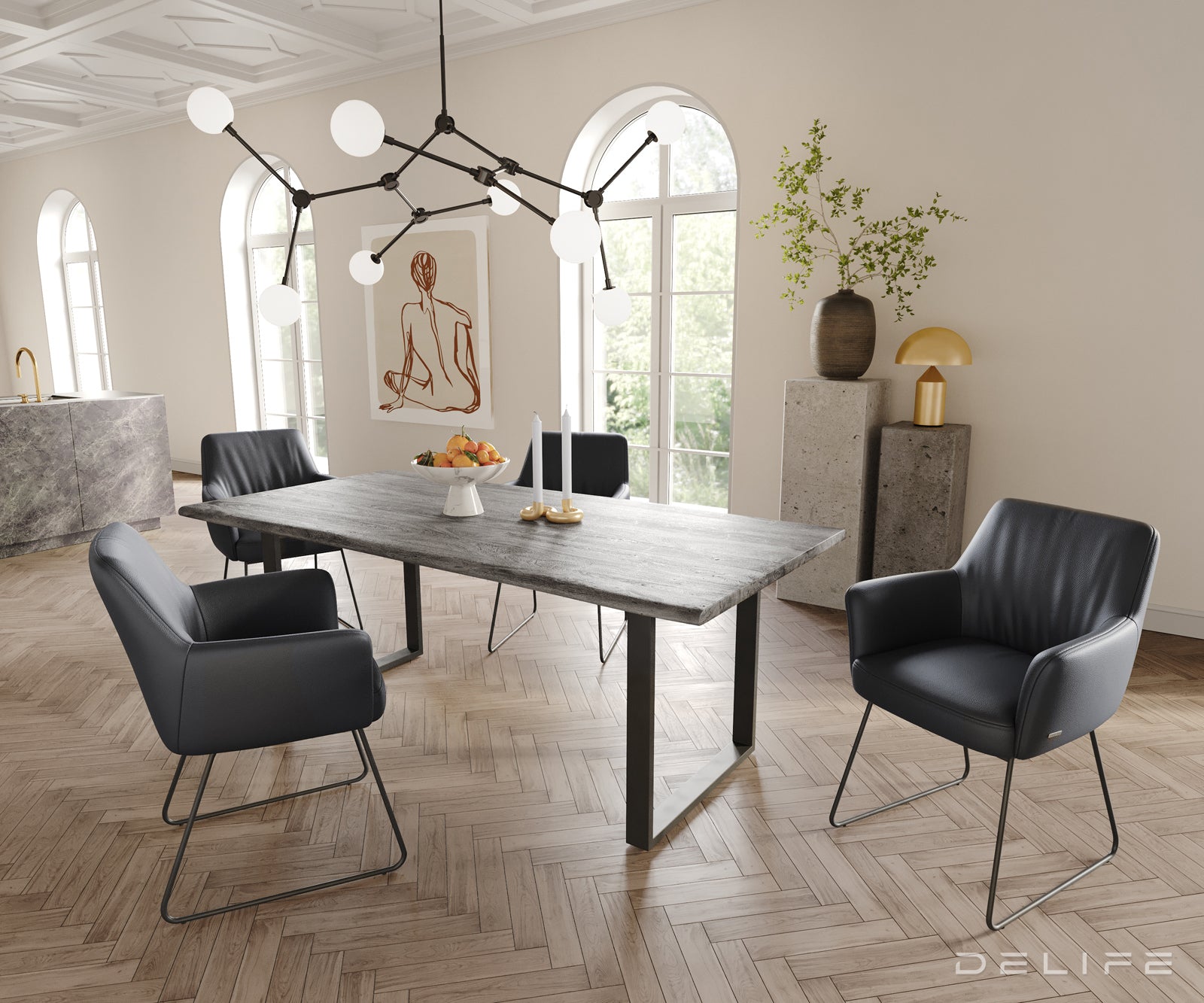 Blagovaonska stolica s rukonaslonom Xana, Materijal: koža