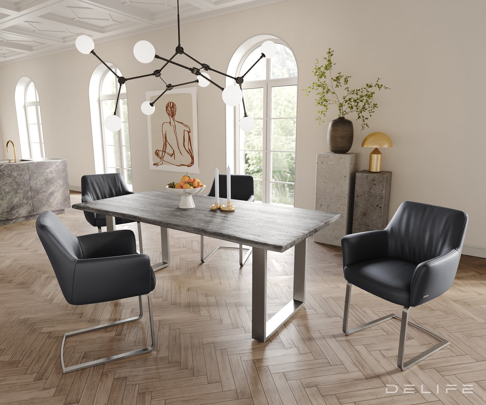 Blagovaonska stolica s rukonaslonom Xana, Materijal: koža