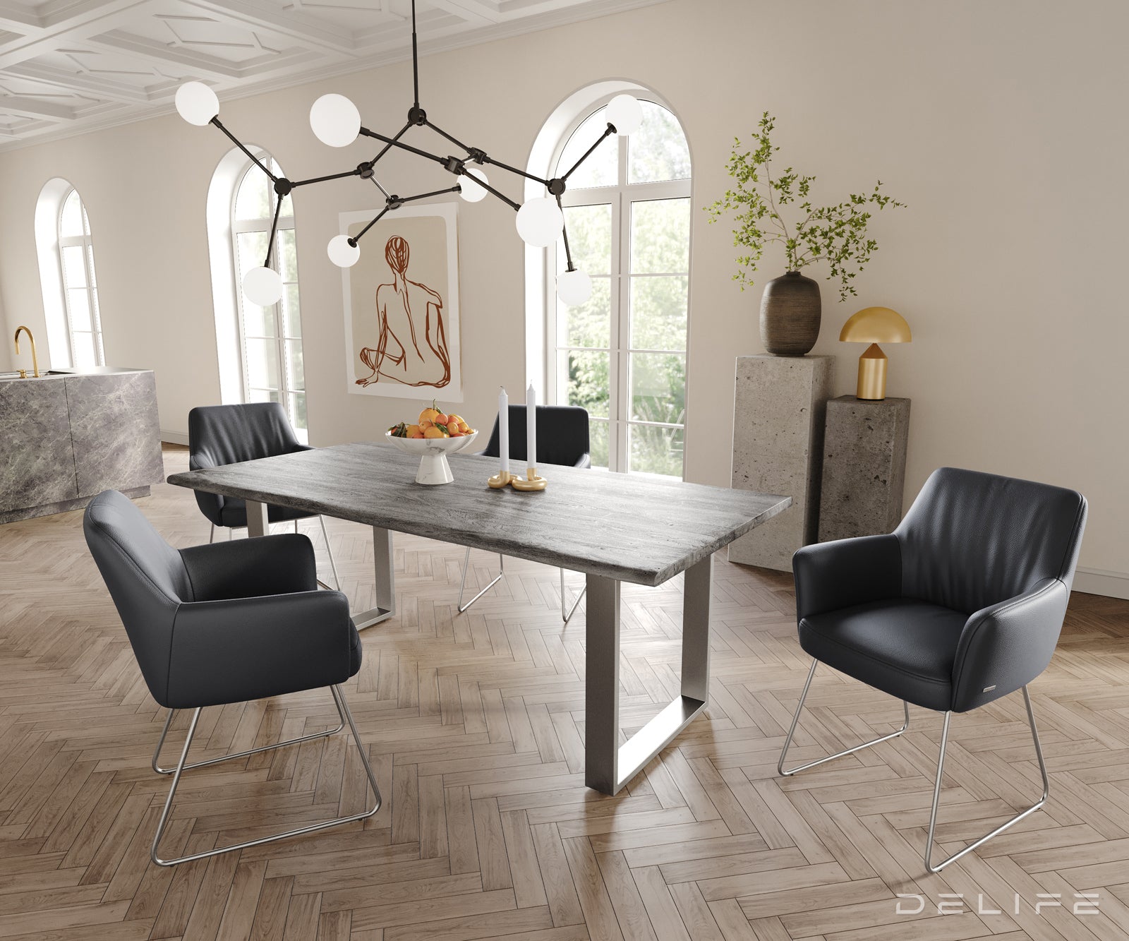 Blagovaonska stolica s rukonaslonom Xana, Materijal: koža