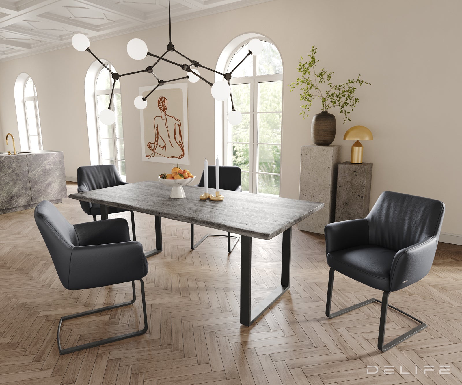 Blagovaonska stolica s rukonaslonom Xana, Materijal: koža