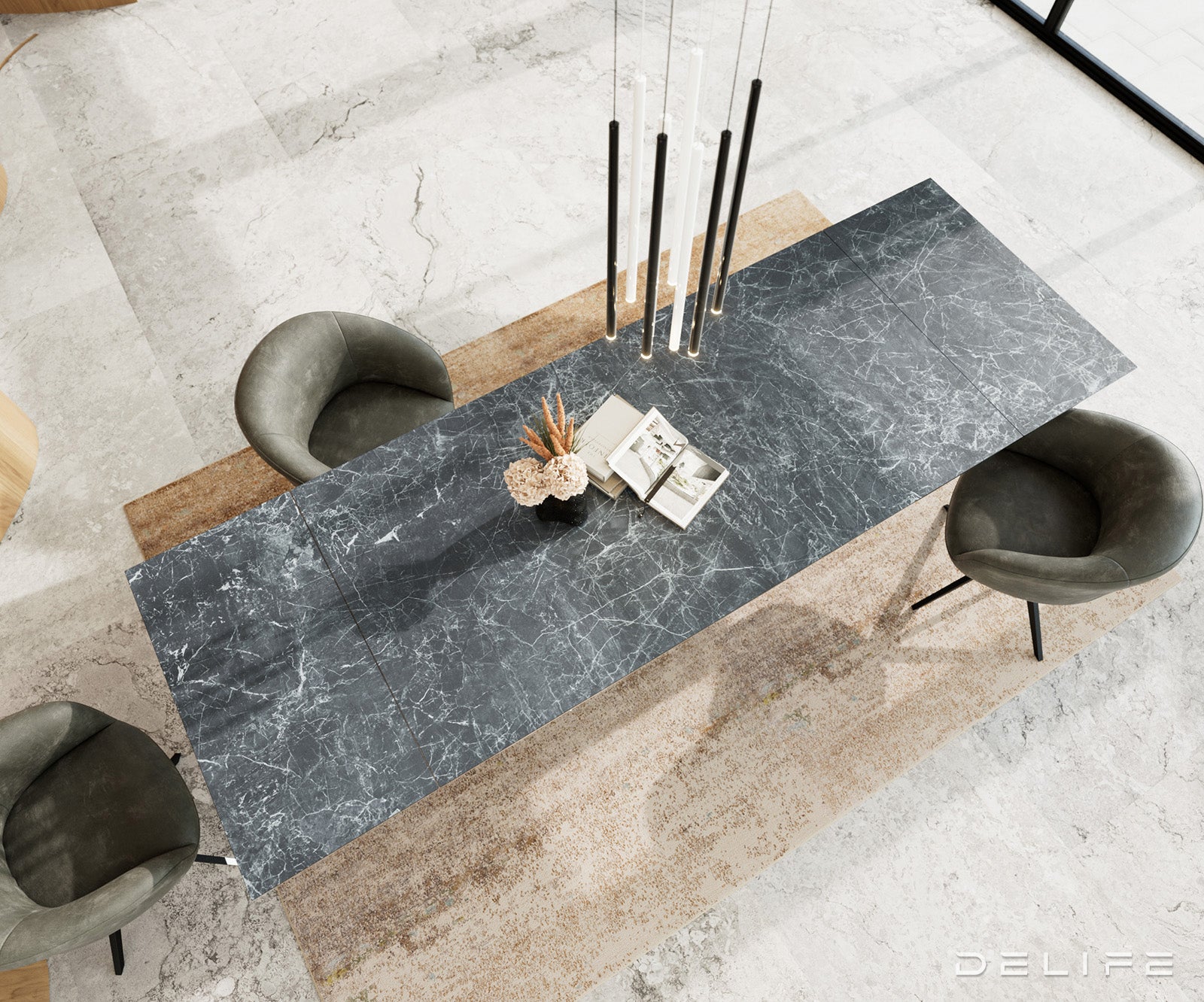 Blagovaonski stol Edge, 200/300x100, Materijal: Keramika Laminam Nero Greco