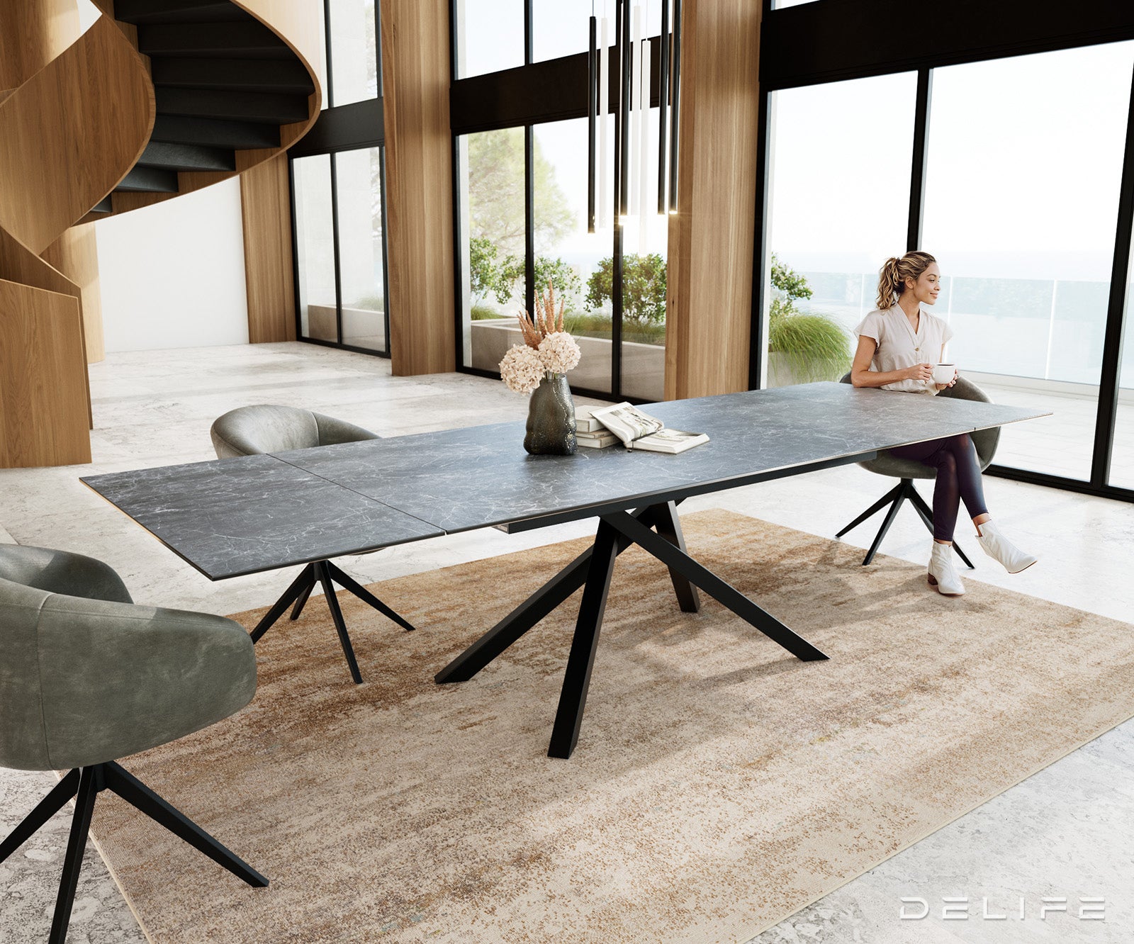 Blagovaonski stol Edge, 200/300x100, Materijal: Keramika Laminam Nero Greco