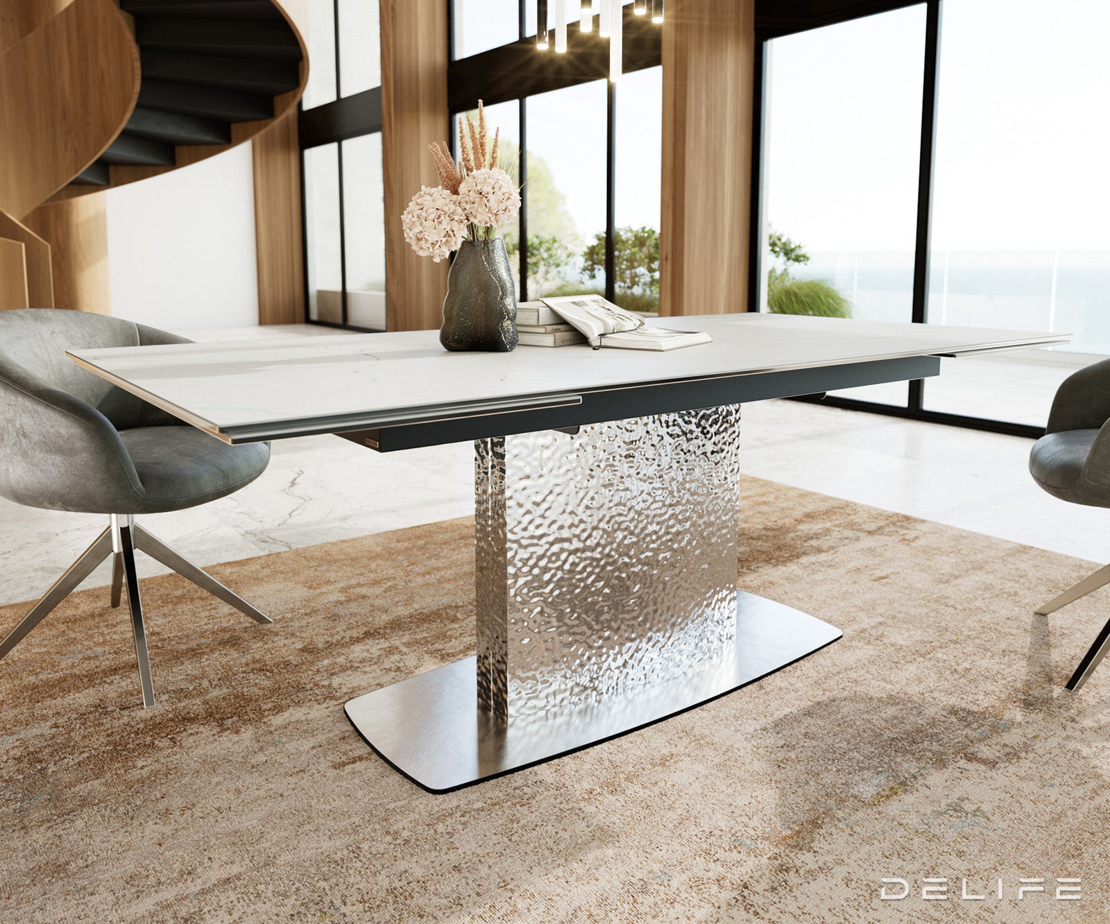 Blagovaonski stol Edge, 200/300x100, Materijal: Keramika Laminam Statuarietto