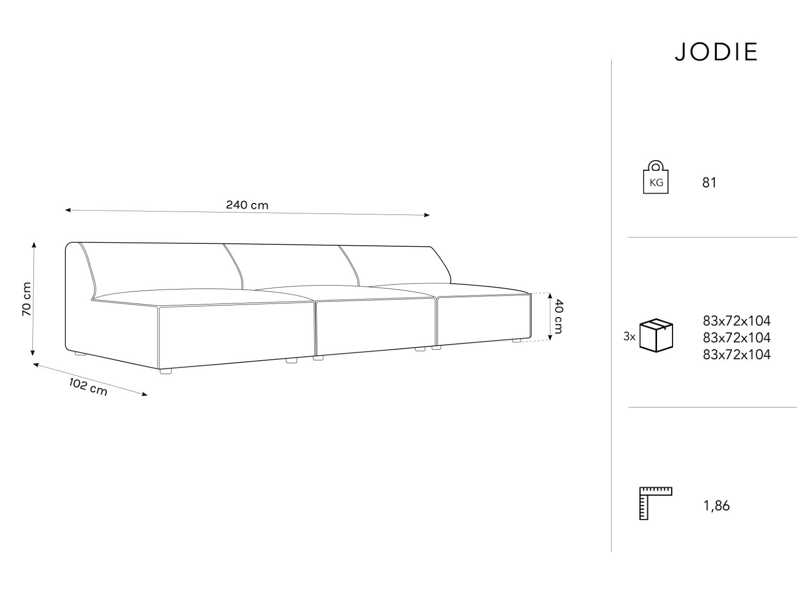 Jodie sofa 240x102cm, 3 sjedala, Materijal: Strukturirana tkanina