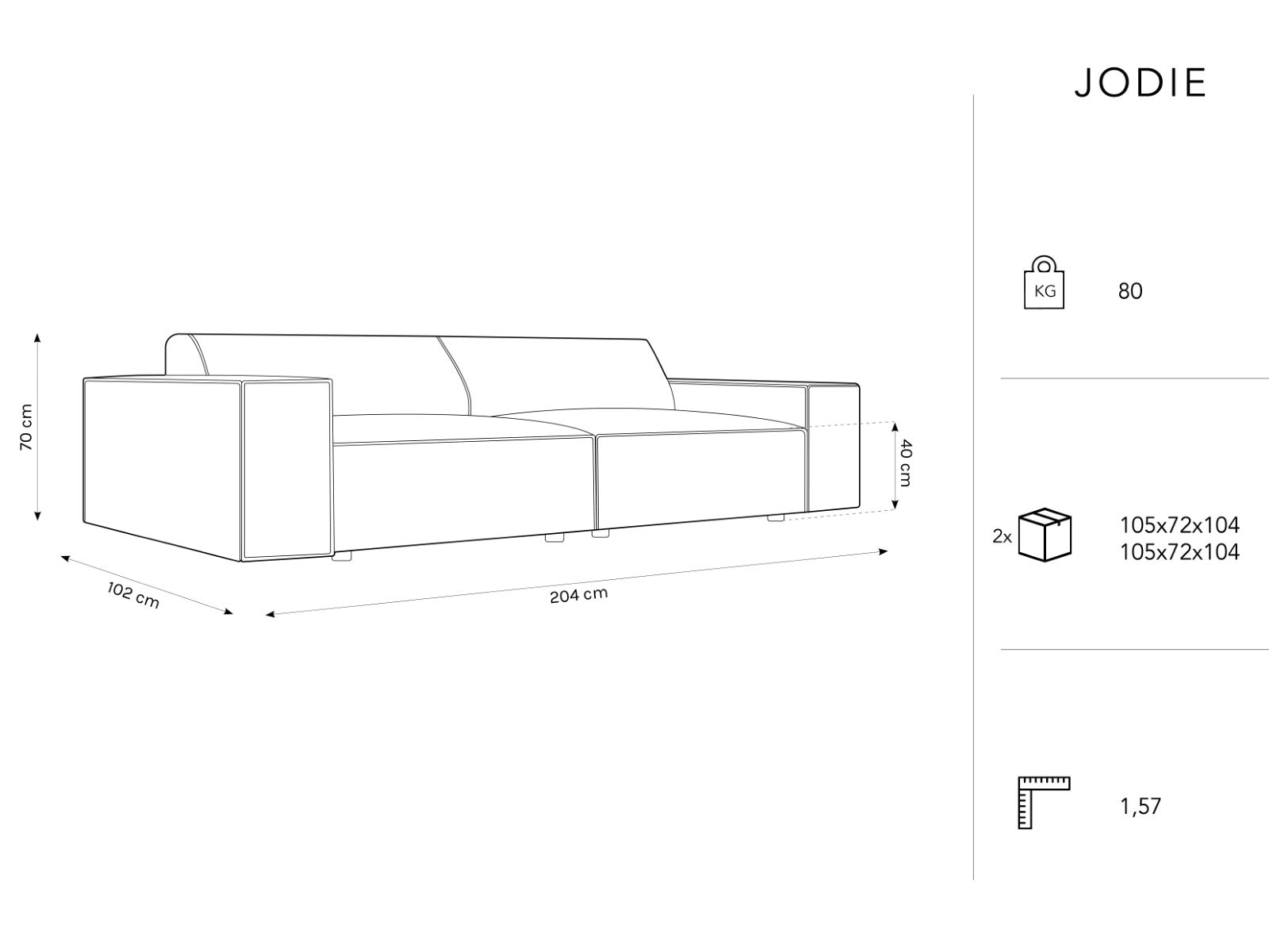 Jodie sofa, 3 sjedala 204x102cm, Materijal: Baršun