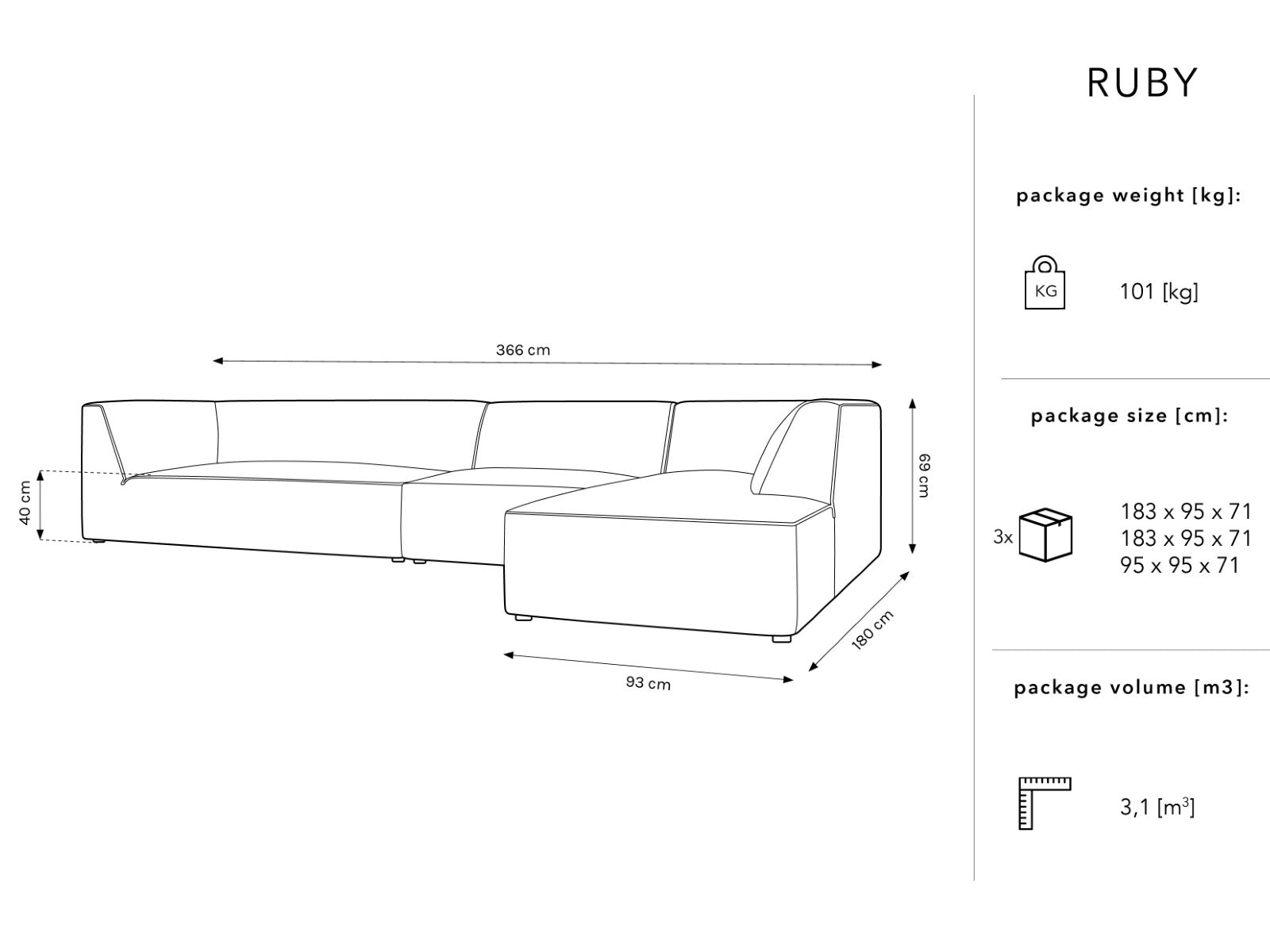 Kutna garnitura Ruby, 5 sjedala, 366x180cm, Materijal: Baršun