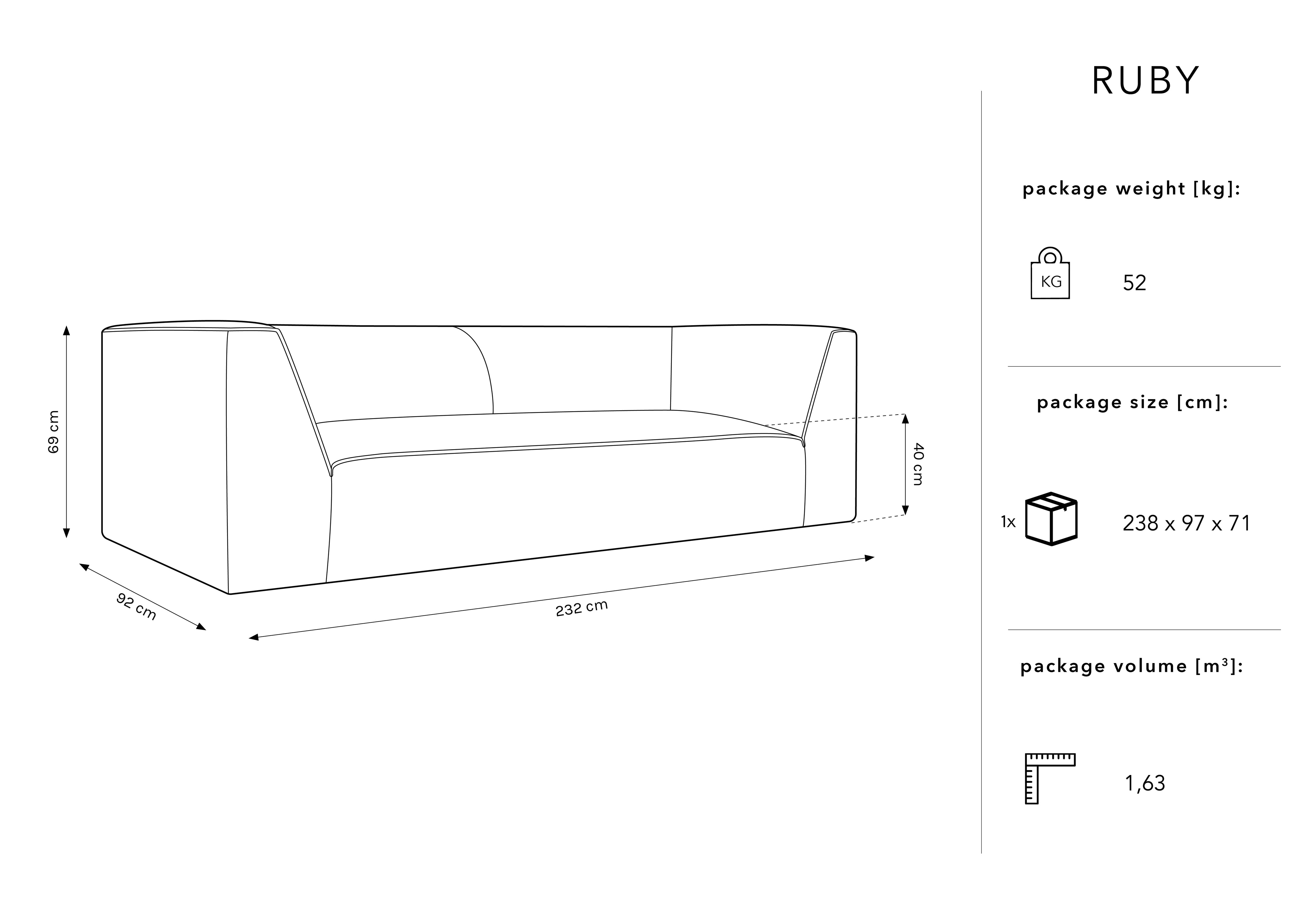 Sofa Ruby, 3 sjedala, 232x92cm, Materijal: Baršun