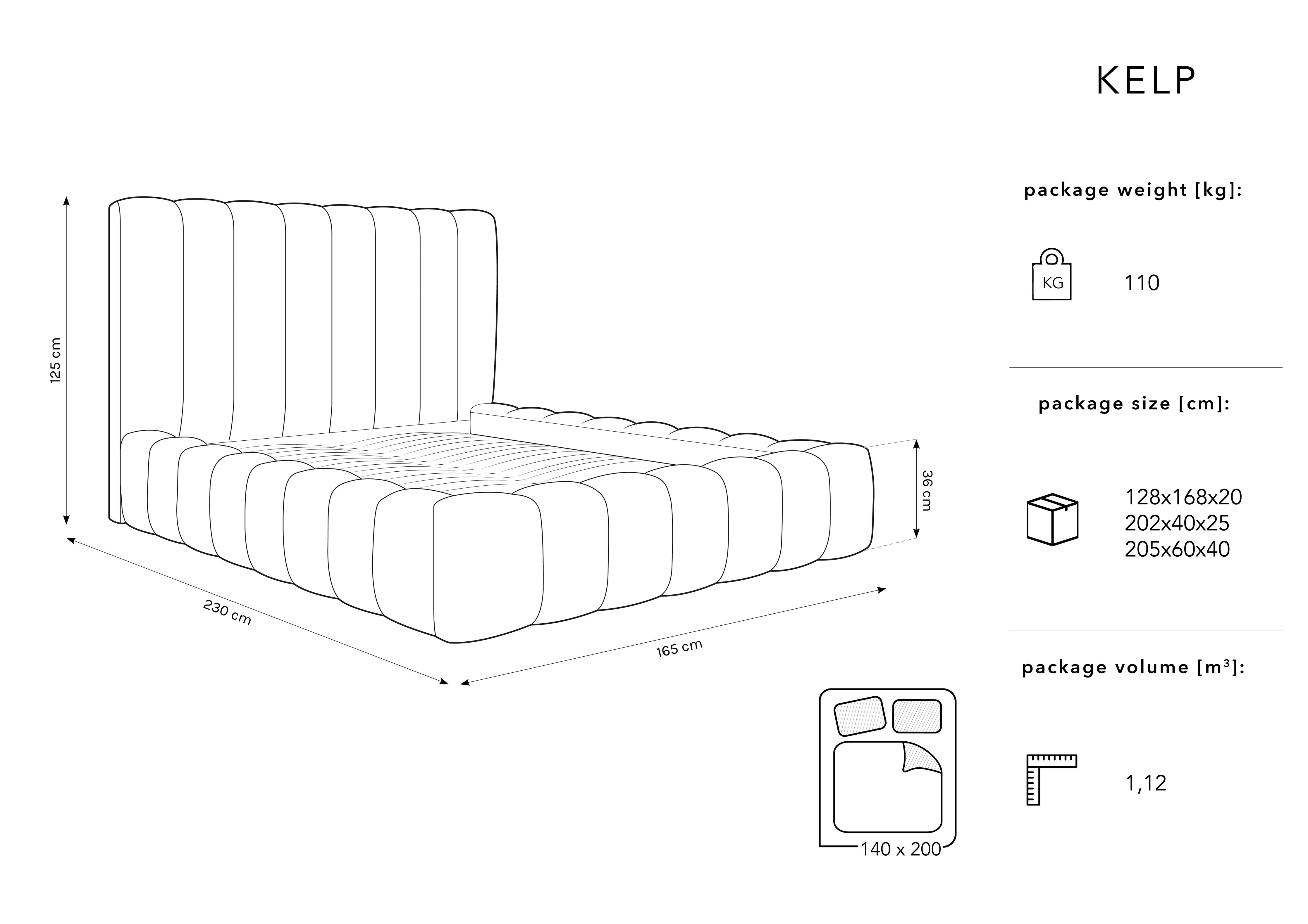 Kelp okvir kreveta s uzglavljem i spremnikom za odlaganje, Materijal: Baršun