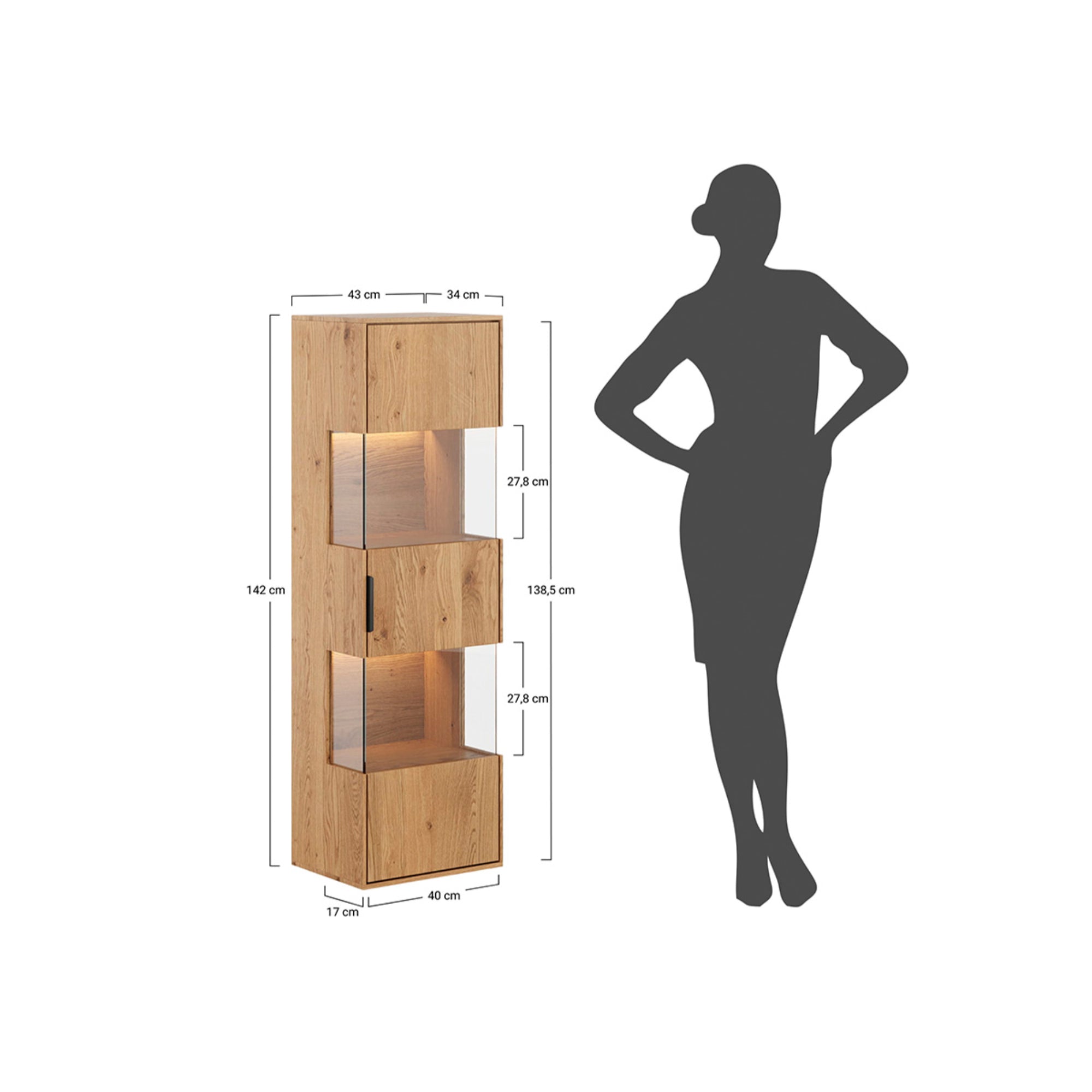 Viseća Vitrina Tirano 33x142 cm, Materijal: Masivno Drvo Hrast