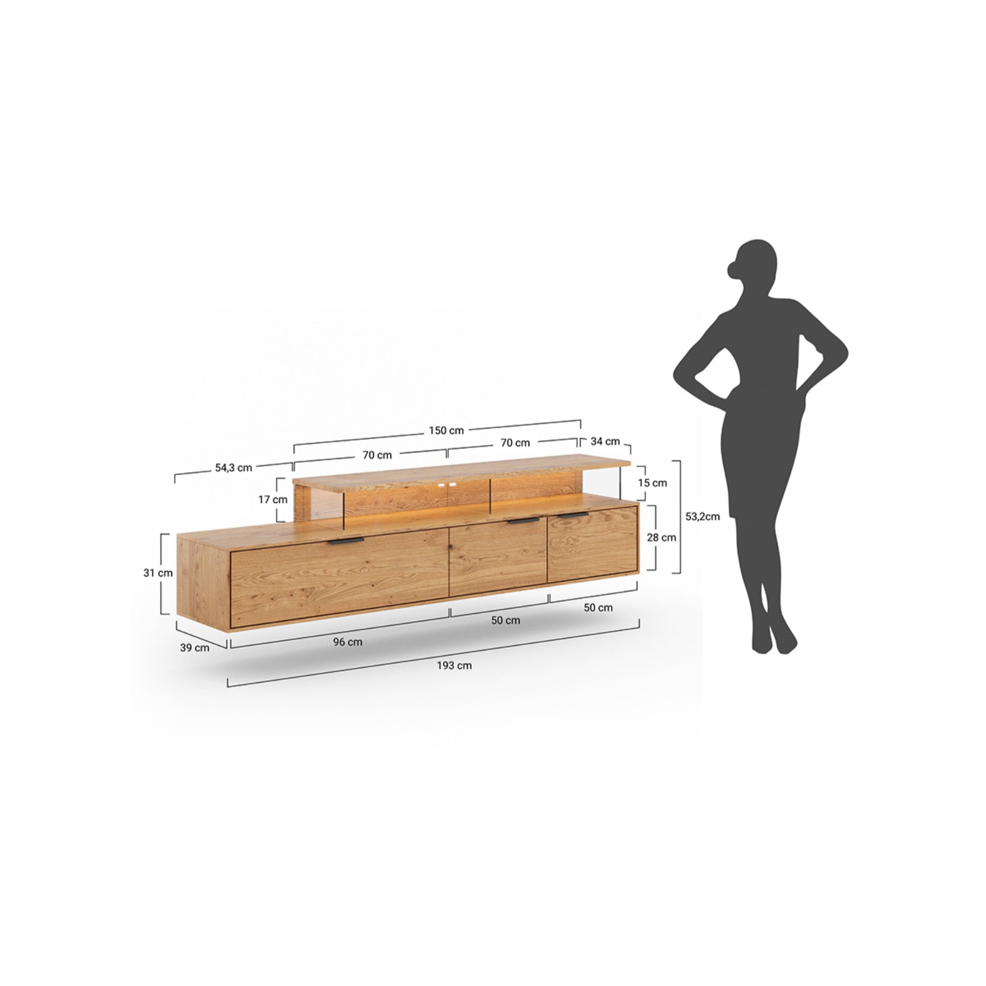 Viseća TV Komoda Tirano 200x39 cm, Materijal: Masivno Drvo Hrast