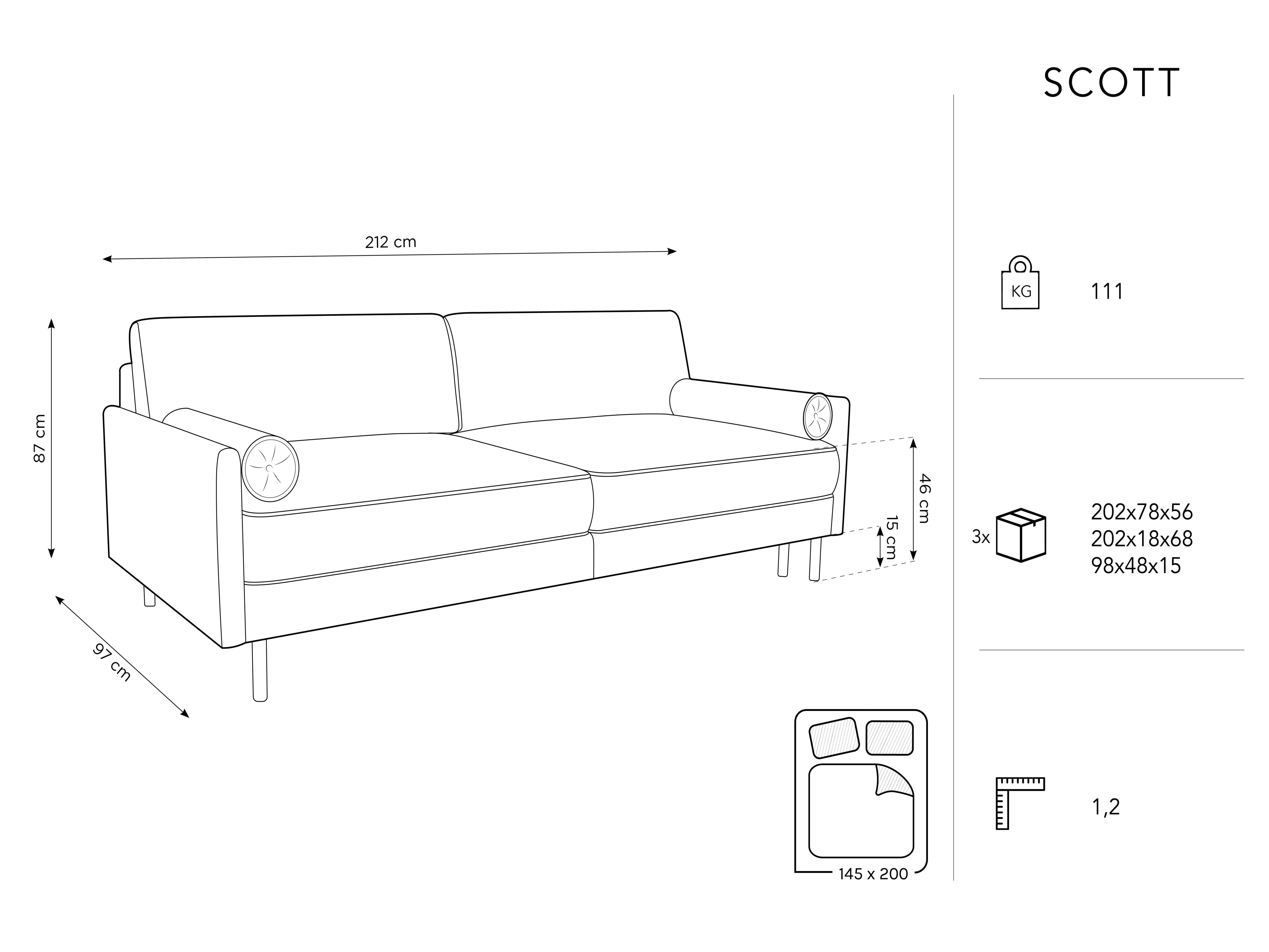 Scott sofa, 3 sjedala, 212x97cm, Materijal: baršun