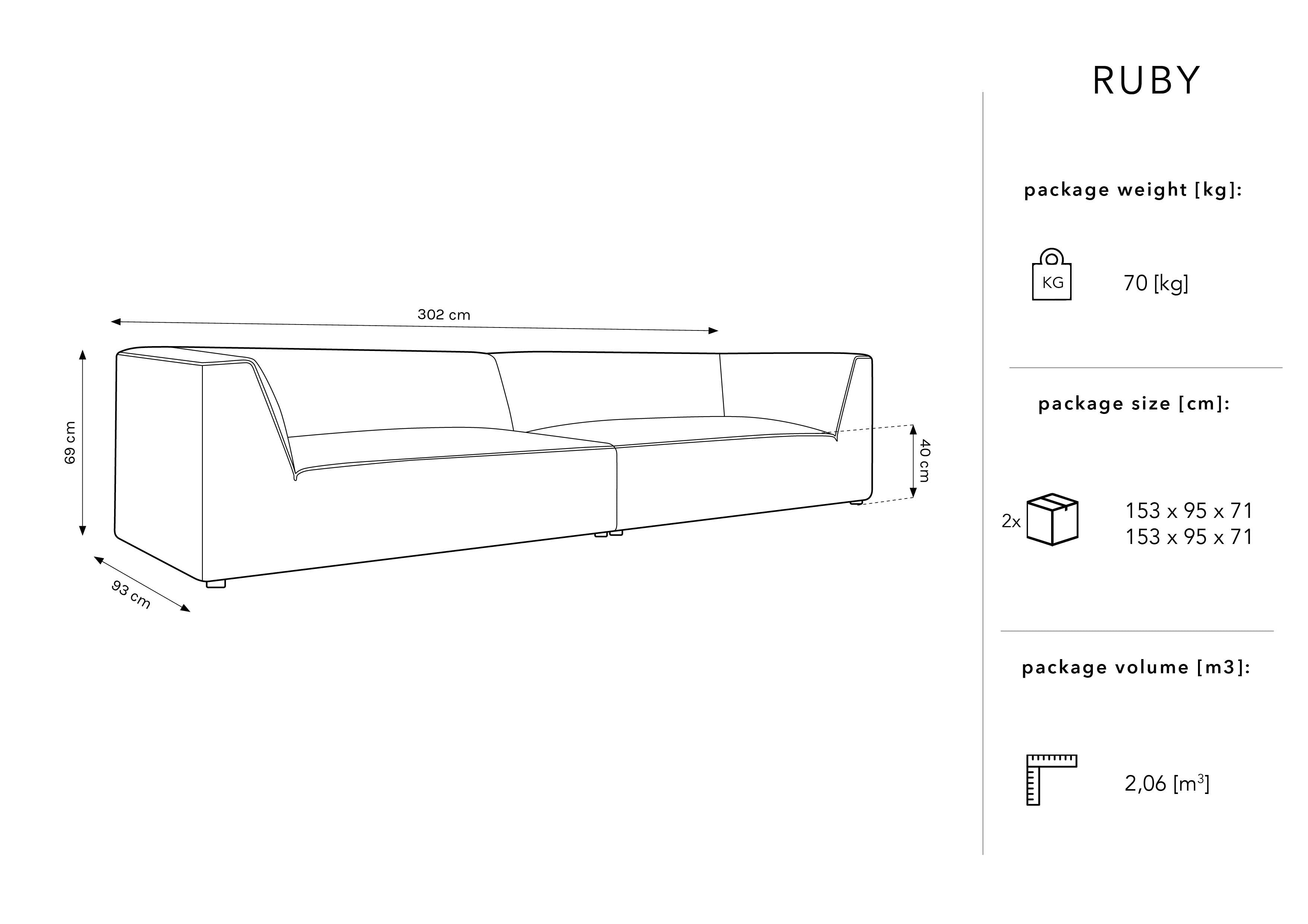 Sofa Ruby, 4 sjedala, 302x93cm, Materijal: Baršun