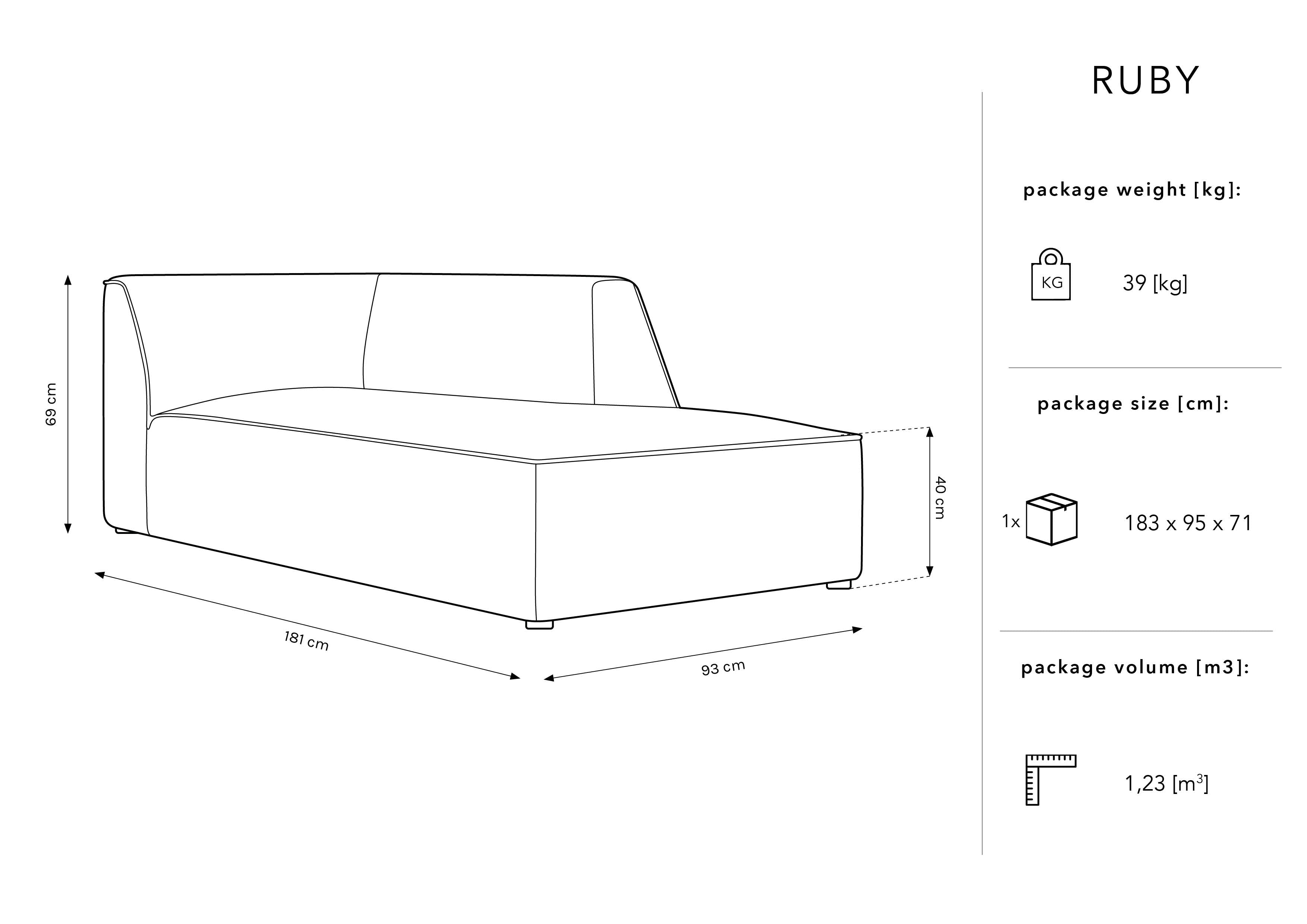 Damski ležaj Ruby, 181x93cm, Materijal: Rebrasta tkanina