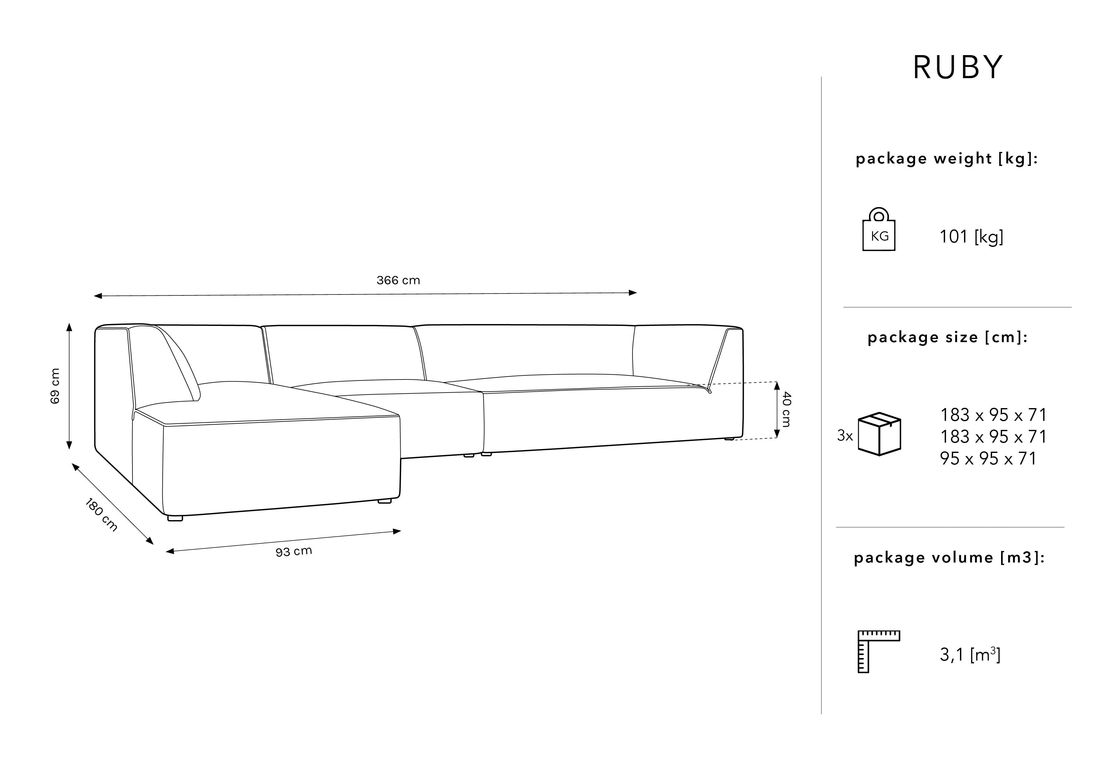 Kutna garnitura Ruby, 5 sjedala, 366x180cm, Materijal: Rebrasta tkanina
