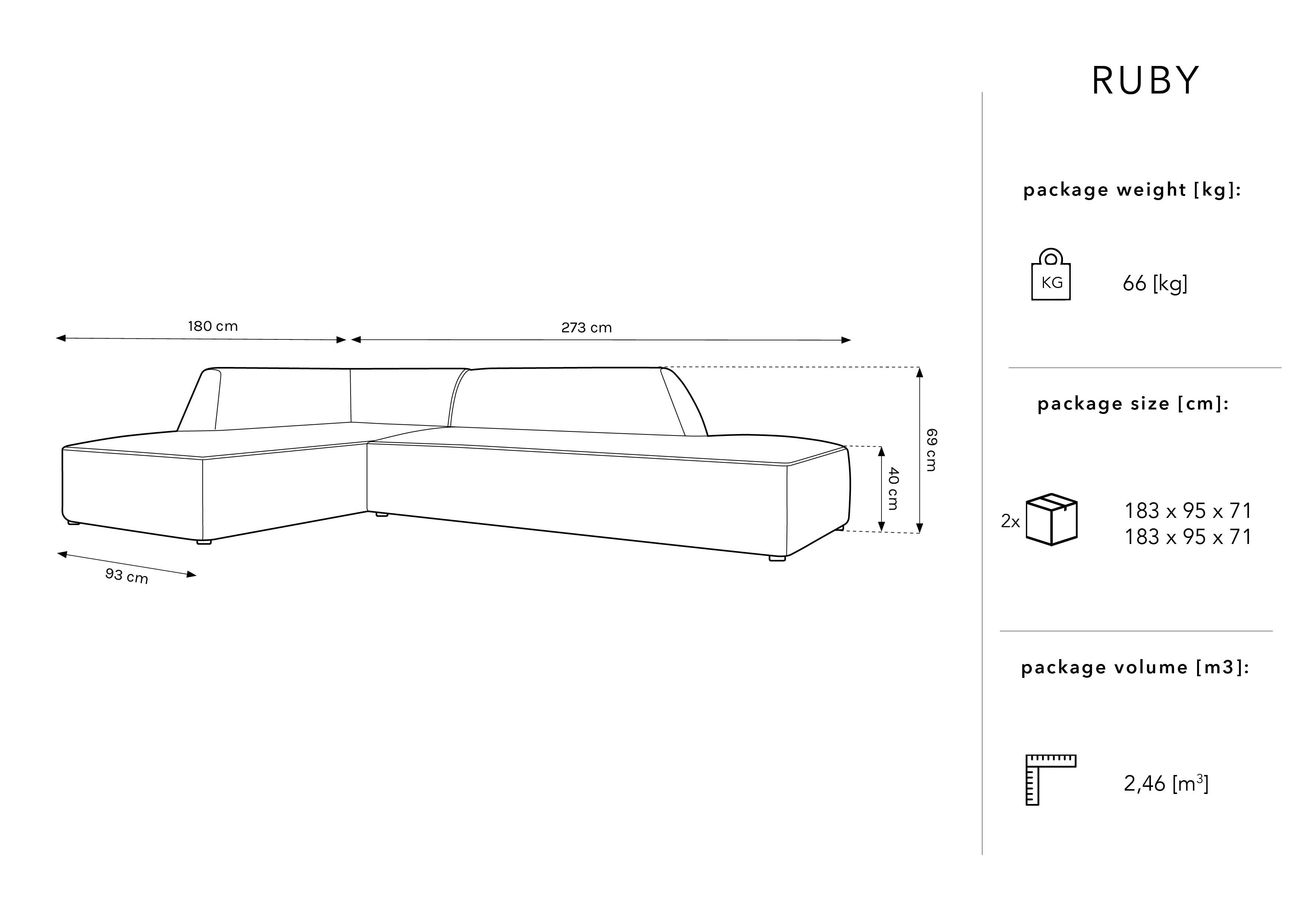 Kutna garnitura Ruby, 4 sjedala, 273x180cm, Materijal: Baršun