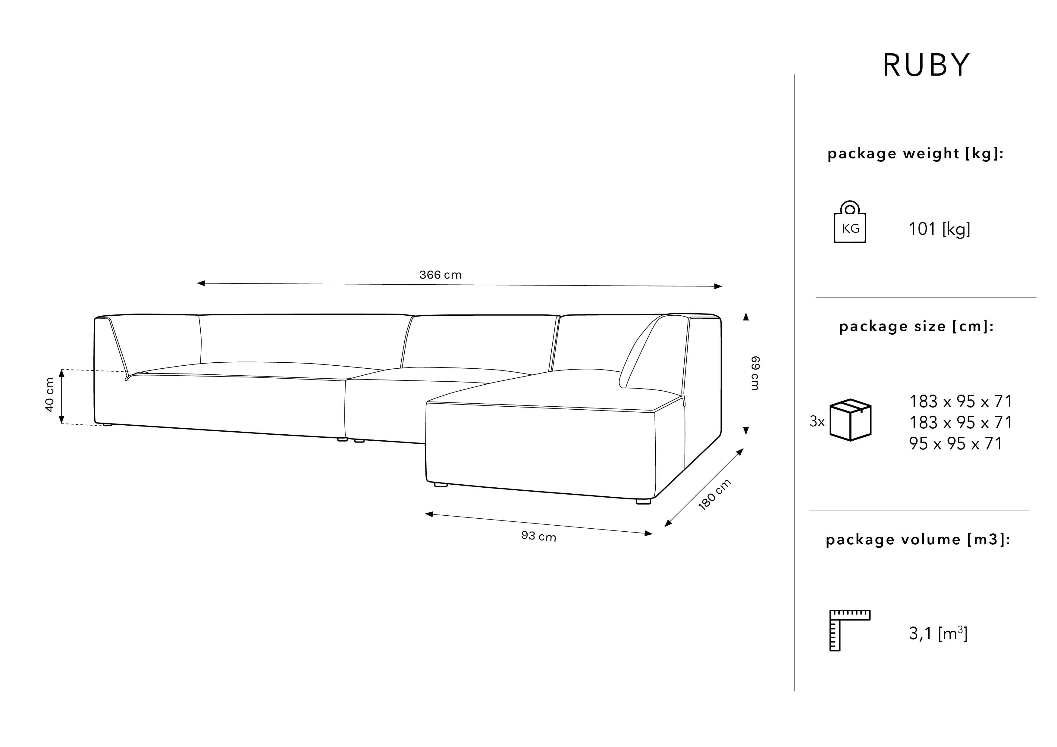 Kutna garnitura Ruby, 5 sjedala, 366x180cm, Materijal: Rebrasta tkanina