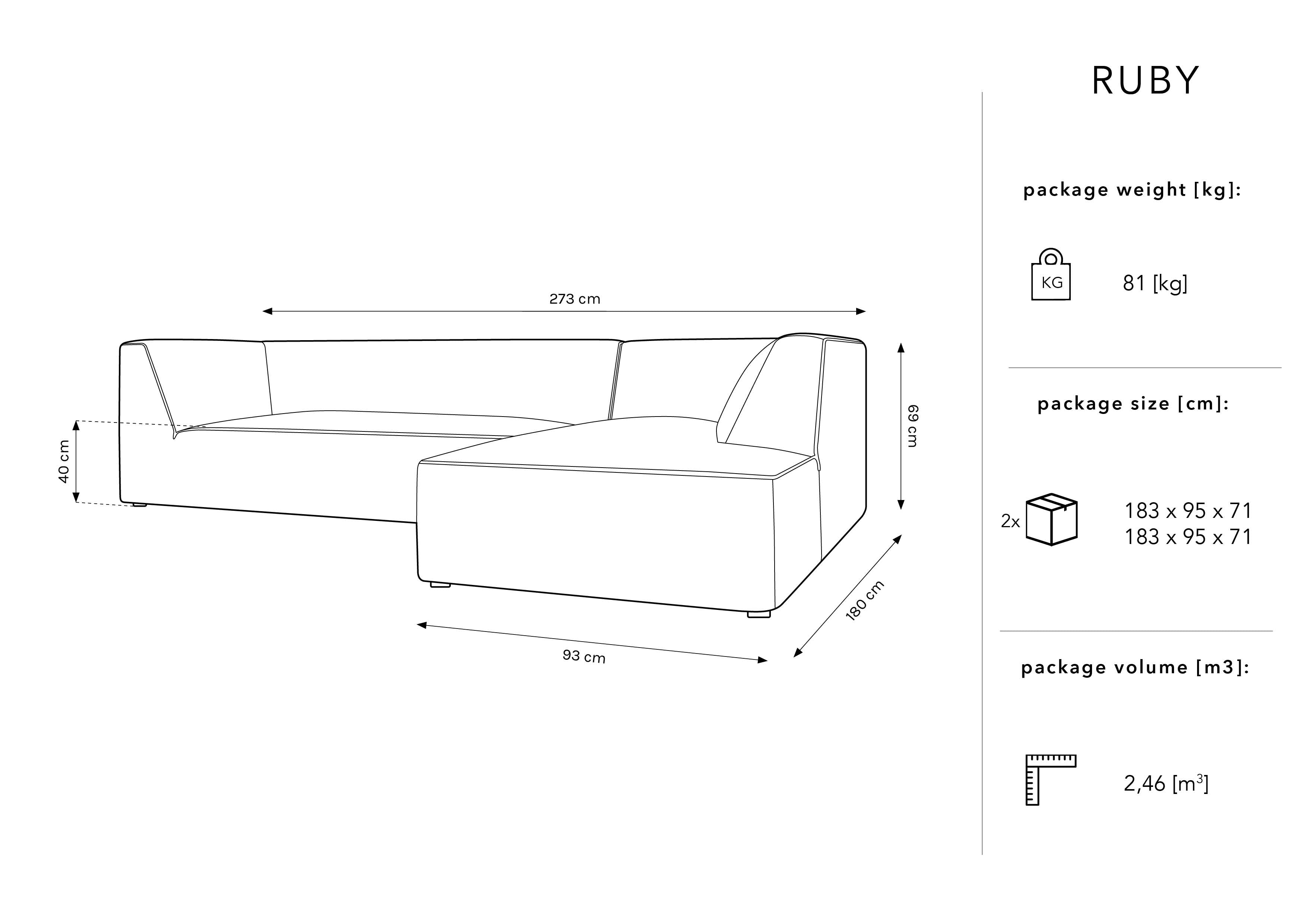 Kutna garnitura Ruby, 4 sjedala, 273x180cm, Materijal: Baršun