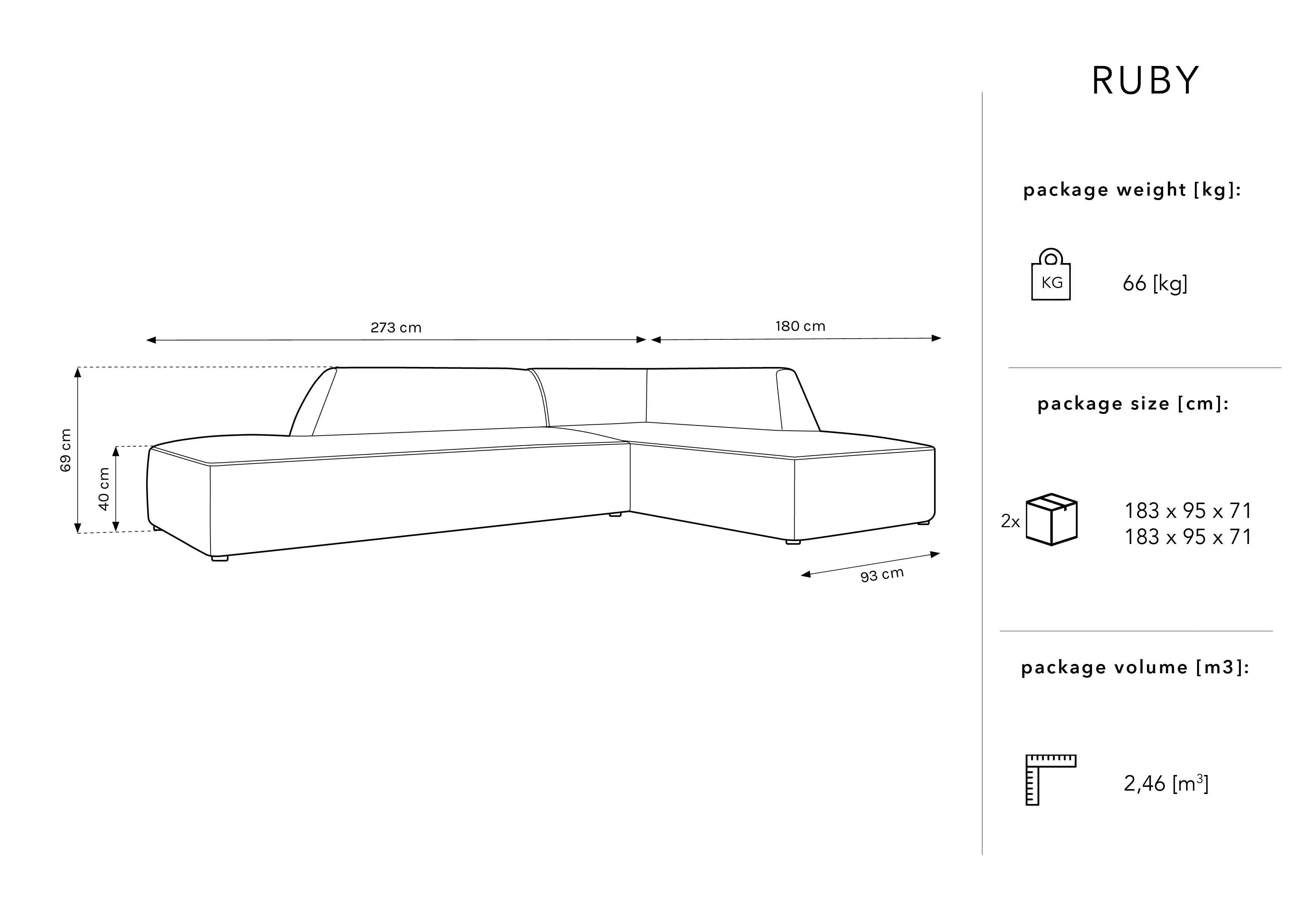 Kutna garnitura Ruby, 4 sjedala, 273x180cm, Materijal: Baršun