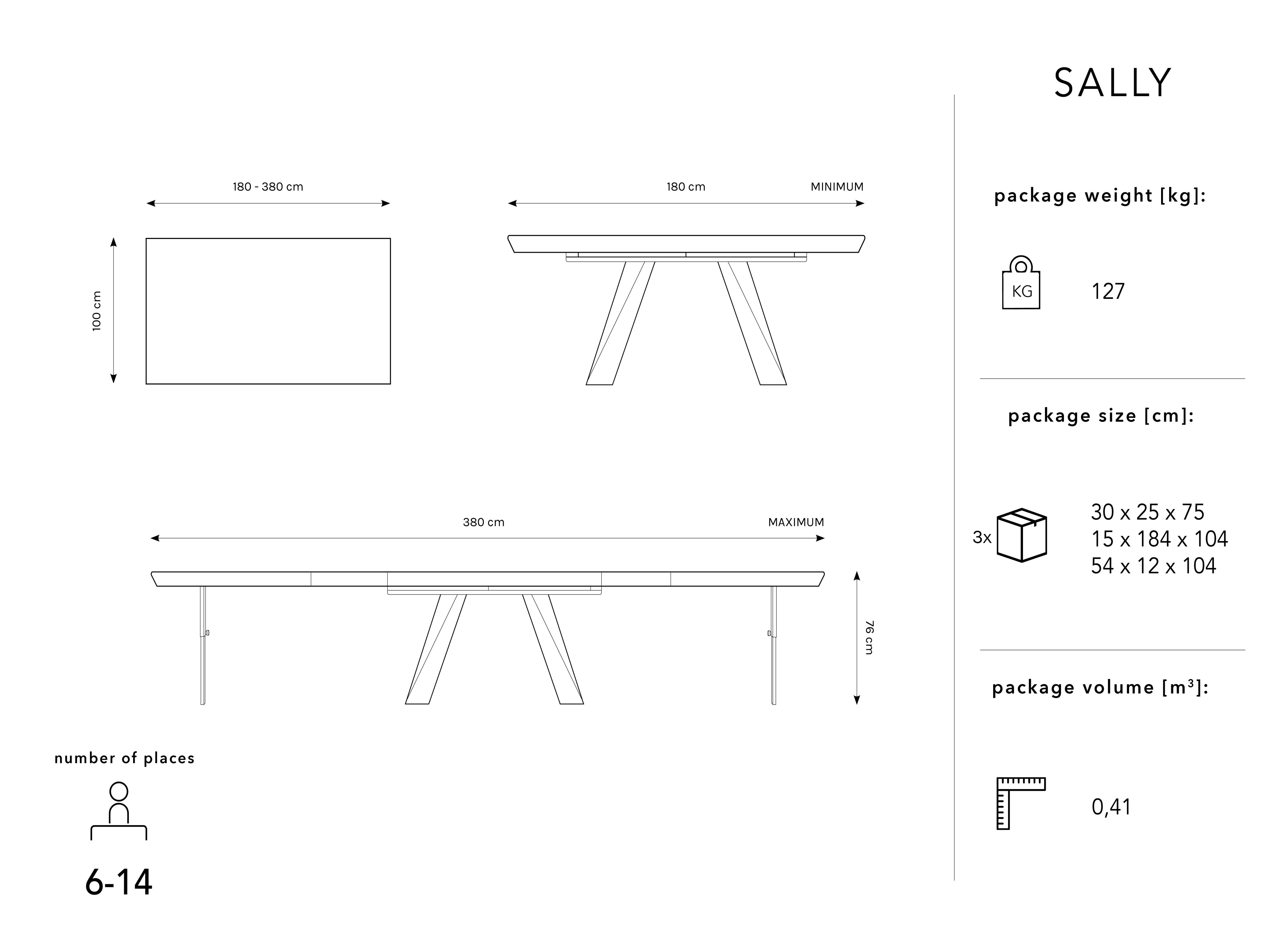 Produljvi blagovaonski stol Sally, 180/380x100x76cm, Materijal: Drvo