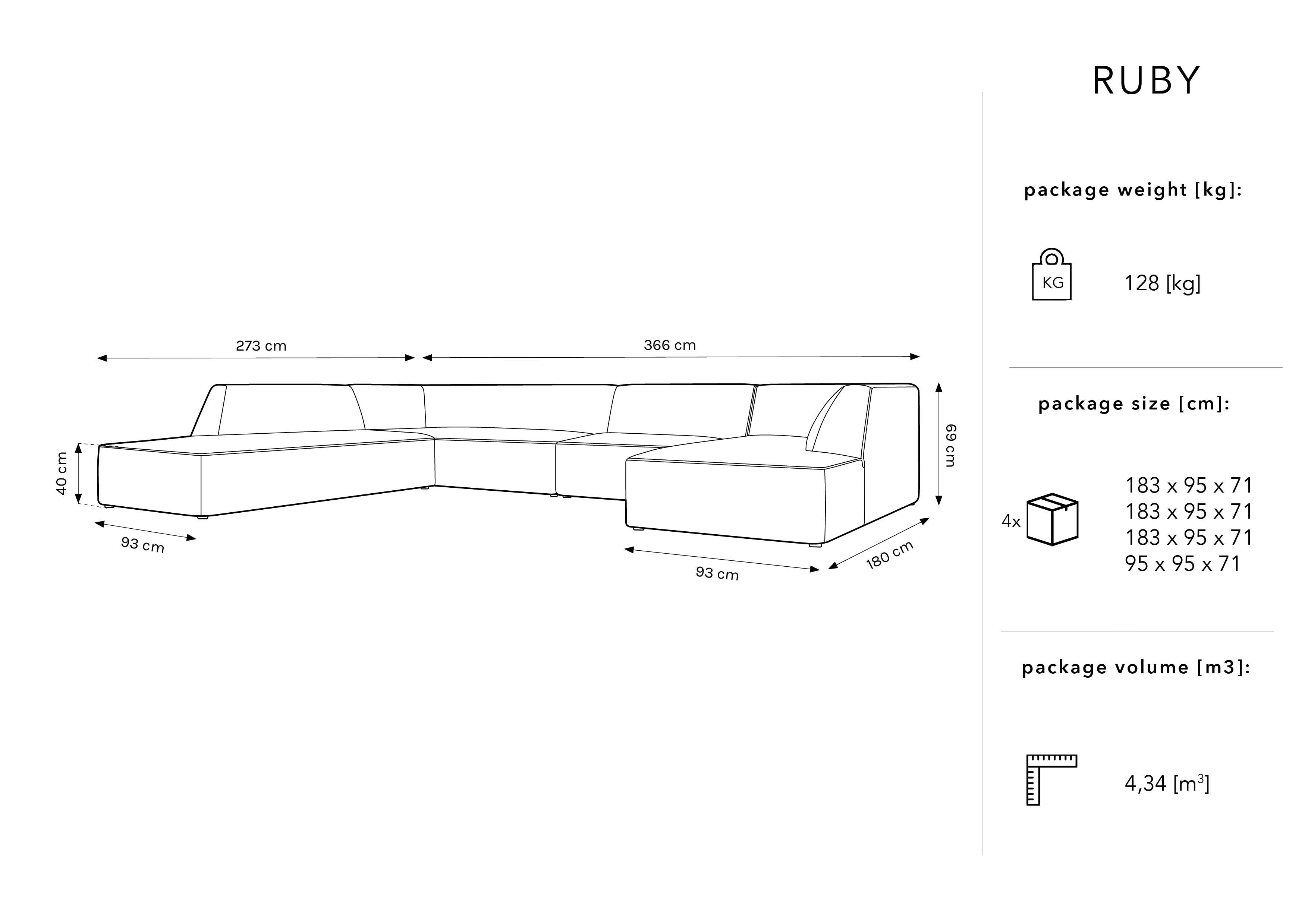 Kutna garnitura Ruby, 7 sjedala, 366x273cm, Materijal: Rebrasta tkanina