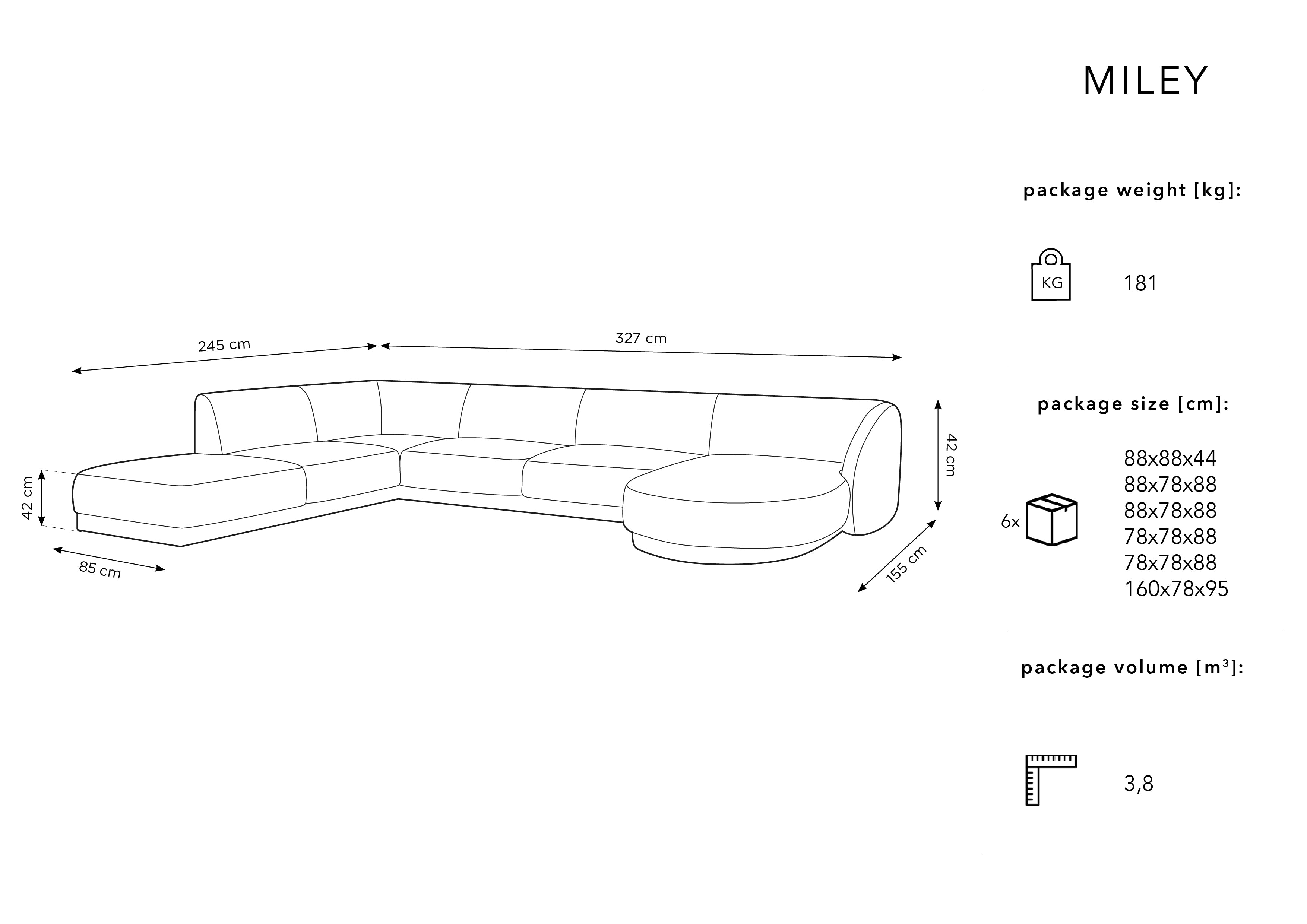 Kutna garnitura Miley Panoramic, 330x255cm, Materijal: Baršun