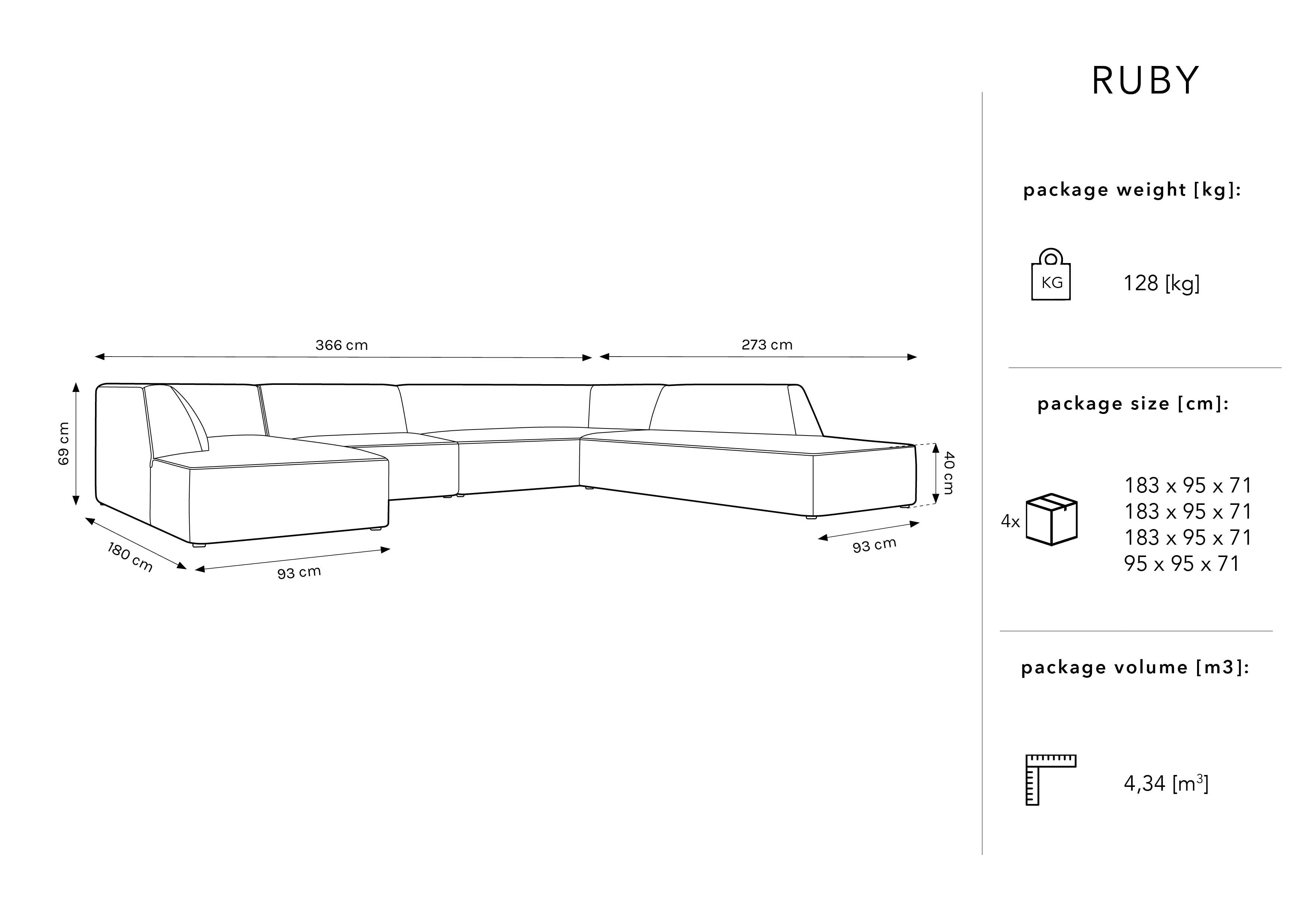 Kutna garnitura Ruby, 7 sjedala, 366x273cm, Materijal: Rebrasta tkanina