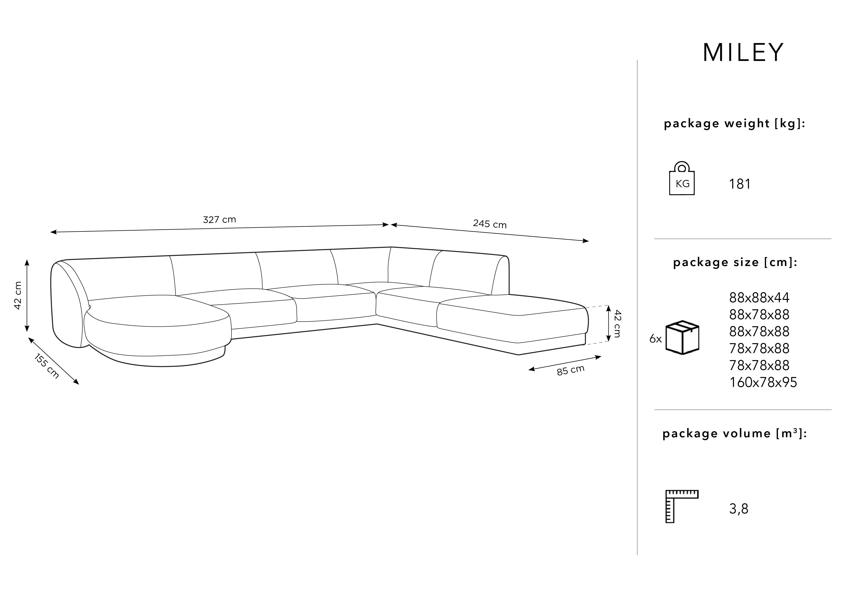 Kutna garnitura Miley Panoramic, 330x255cm, Materijal: Baršun
