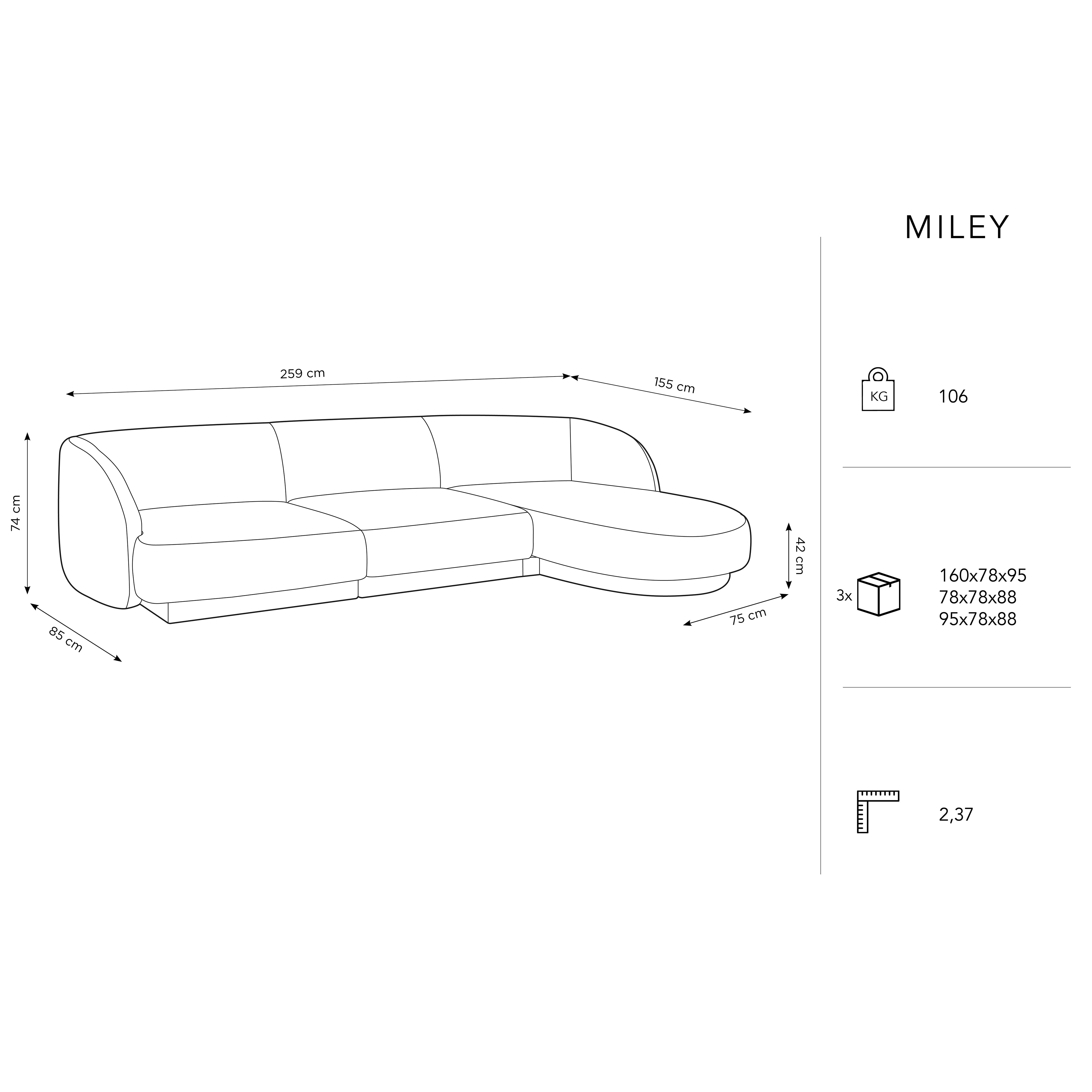 Kutna garnitura Miley zaobljena 255x156cm, Materijal: Baršun