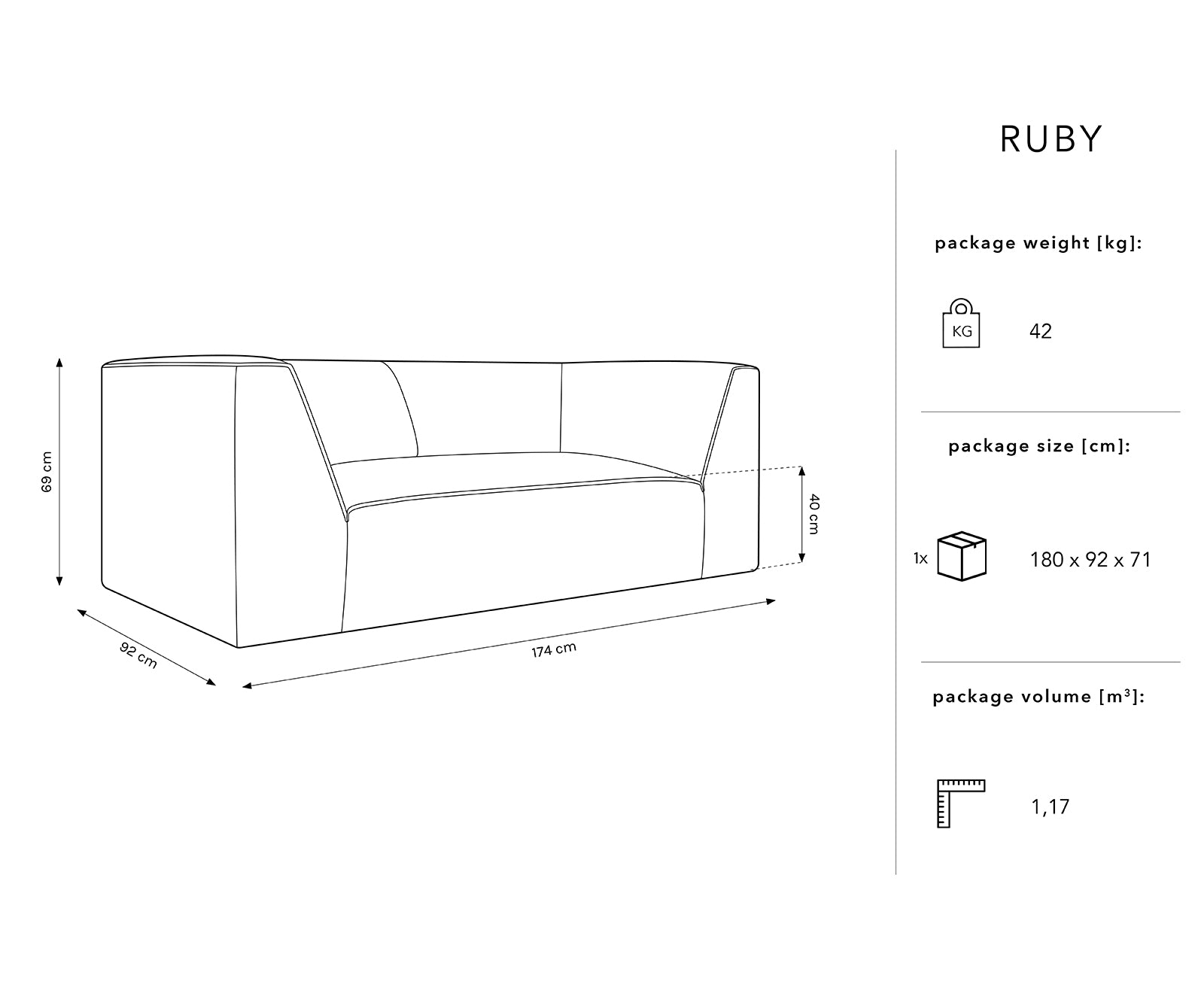 Sofa Ruby 2 sjedala, 174x93cm, Materijal: Rebrasta tkanina